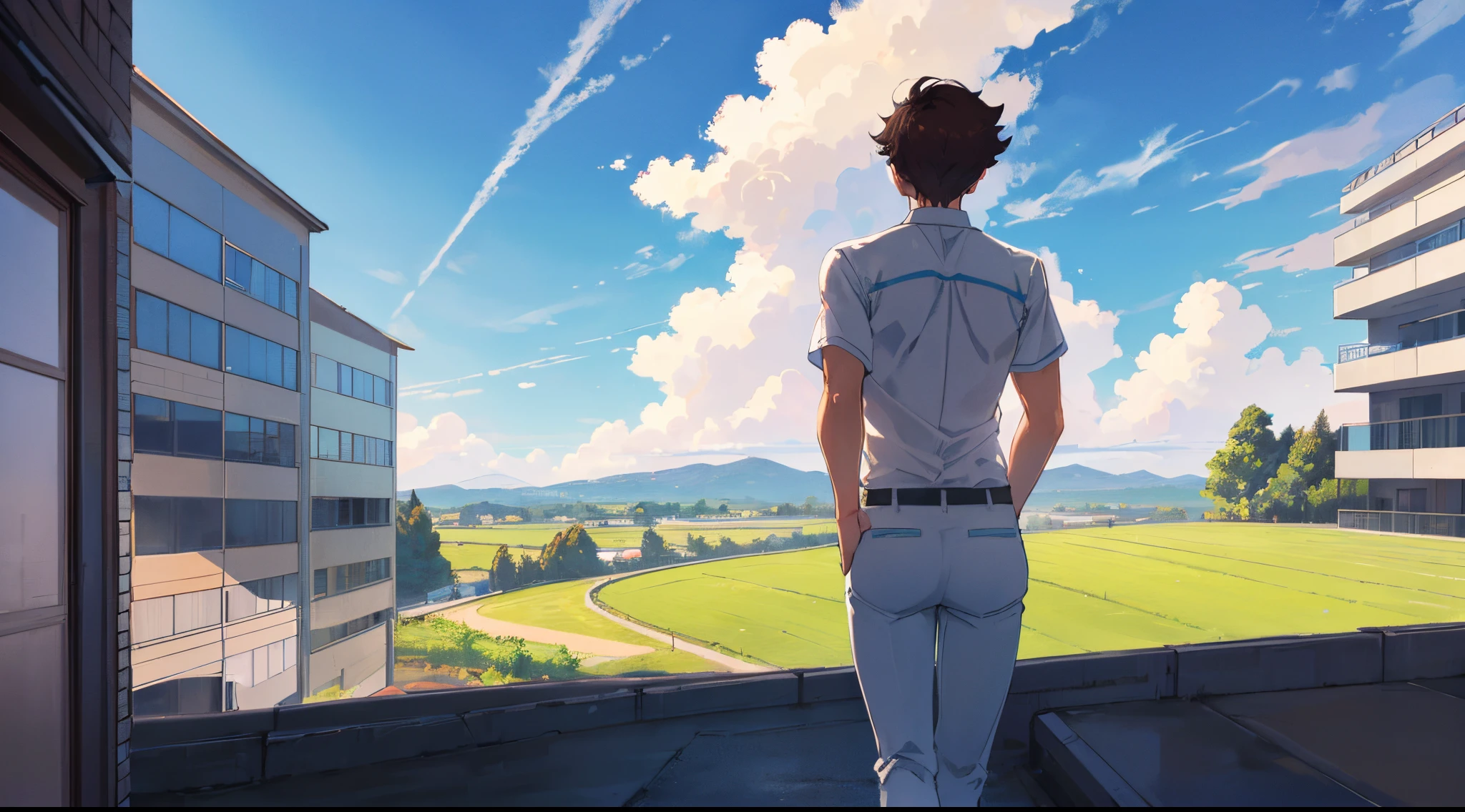 ! man,man standing at balcony,view from back,oikawa tooru,brown hair,looking at school grounds,running field,buildings in distance,countryside area,hills in distance,back view,(((blue sky))),freedom,flying curtains,clouds,(((sunny))),white shirt,black pants,(((perfect back anatomy)))