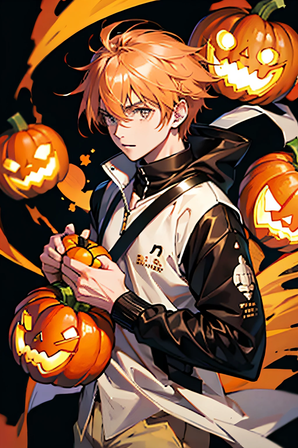 a pumpkin anime boy holding a pumpkin wearing headphone