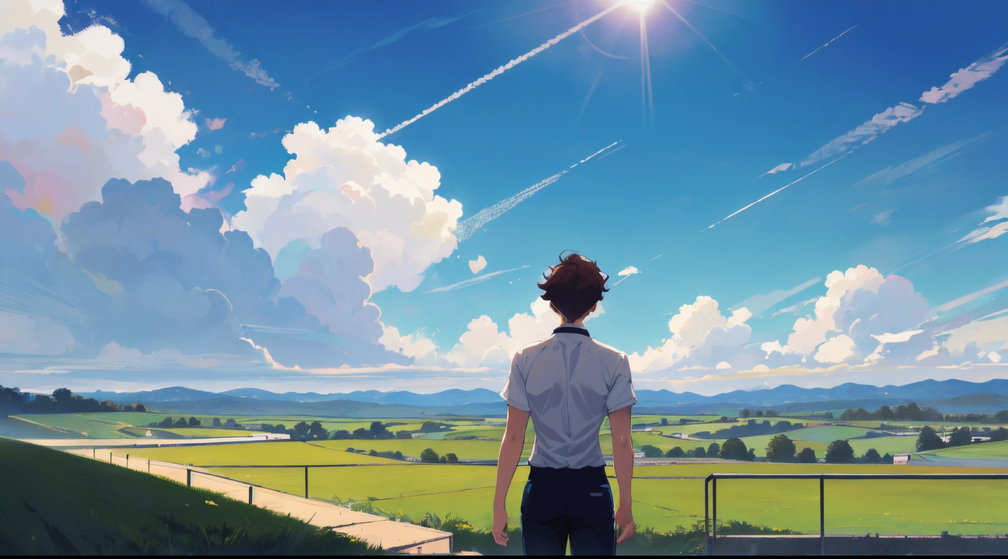 ! man,man standing at balcony,view from back,oikawa tooru,brown hair,looking at school grounds,running field,buildings in distance,countryside area,hills in distance,back view,(((blue sky))),freedom,flying curtains,clouds,(((sunny))),white shirt,black pants,(((perfect back anatomy)))