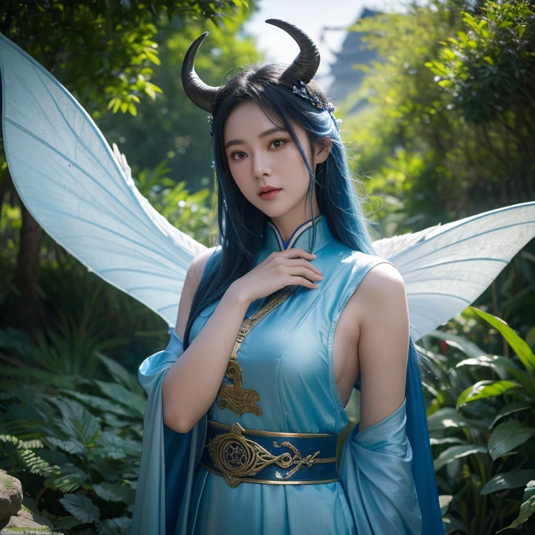 Fantasy novels,faeries, Valkyrie, ancient kingdom of the east, Chinese woman,Hot busty cheongsam beauty CG animation,Da Asa AW Photos,8k ultra high definition,digital SLR camera,gentlesoftlighting,High detail RAW color photos professional photos,(Soft studio lighting,volumetric shadow),Natural soft light,hardfocus,filmgrain,depth of fields,highly contrast light,high high quality,filmgrain,(tmasterpiece:1.5),Best quality at best,high high quality,真实感,(detailedbackground:1.2),Blue hair has two horns fantasy novel wonderland background elements