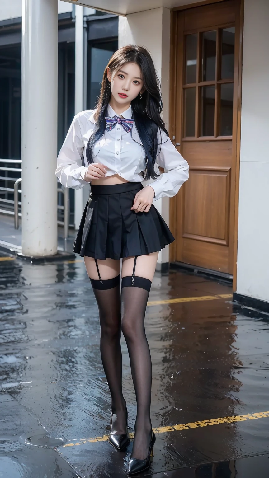 （Best quality at best，4K，tmasterpiece：1.2），Beutiful women，1 busty girl，Raised sexy：1.1，dark-blue hair：1.1，Woman in school uniform，Soaked white school uniform，The face is very detailed，detailed lips，詳細な目，二重まぶた，Colorful miniskirt and black stockings，Get up，Full body lesbian