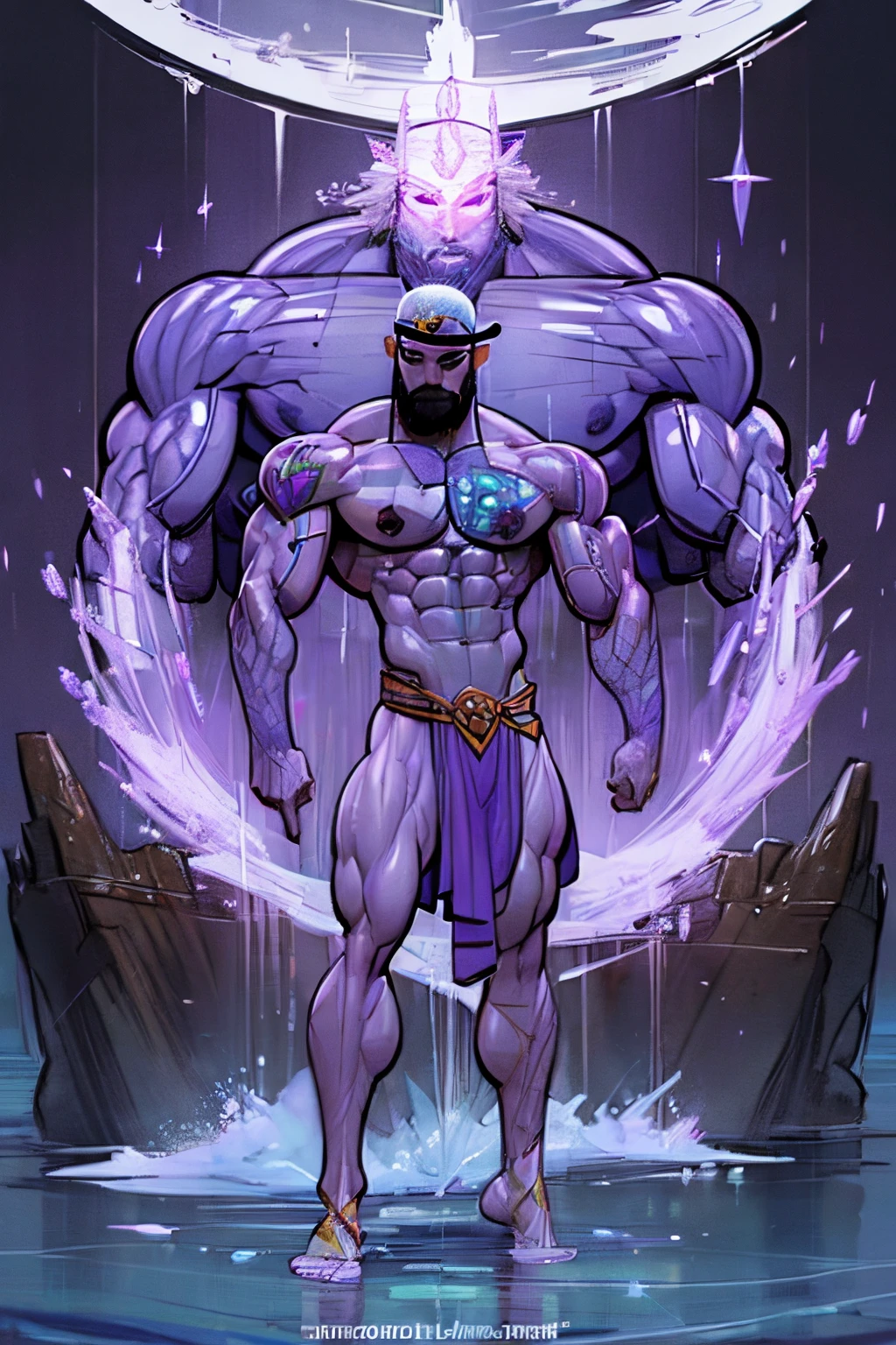 ((Confident pose:1.5)), a painting of a (((muscular))) man with water Aura, large body of water surrounds man, The God Poseidon, ((thick muscular thighs)), The God of the Sea, brown loincloth, golden horns on head, Poseidon, ((colored lavender skin)), colored skin, ((lavender skin:1.5)),((light lavender face)), ((light lavender legs)), ((light lavender arms)), ((lavender feet)), God of the Ocean, God Shiva the Destroyer, Like an Atlantean, ((no hair)), veiny biceps, chiseled abs, muscular legs, rugged face, bald head, masterpiece, 8k