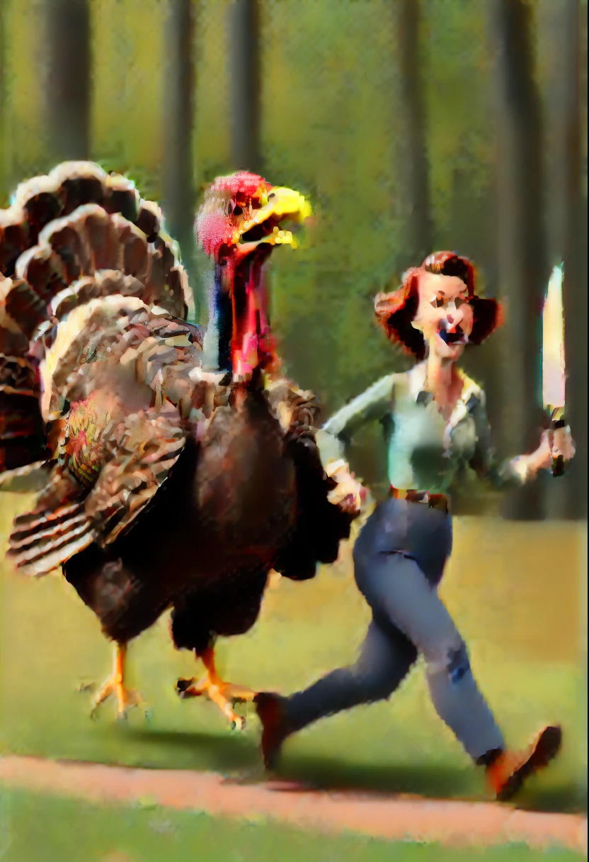 Woman chases turkey with knife,Cartoonish