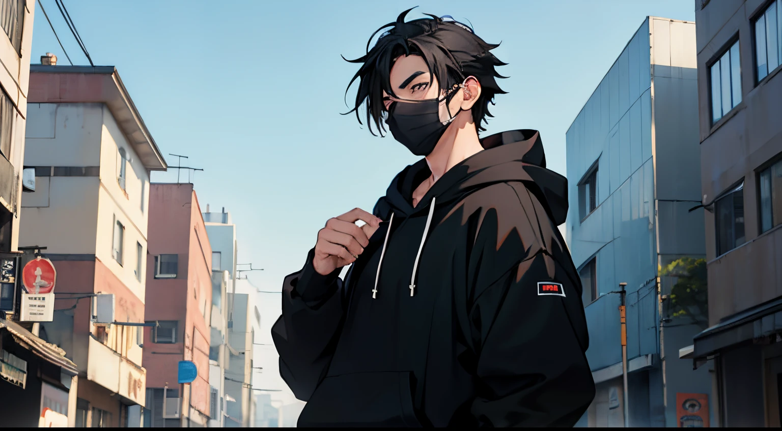 Anime boy, buildings in the background, boy with white mask and black hair, black hoodie