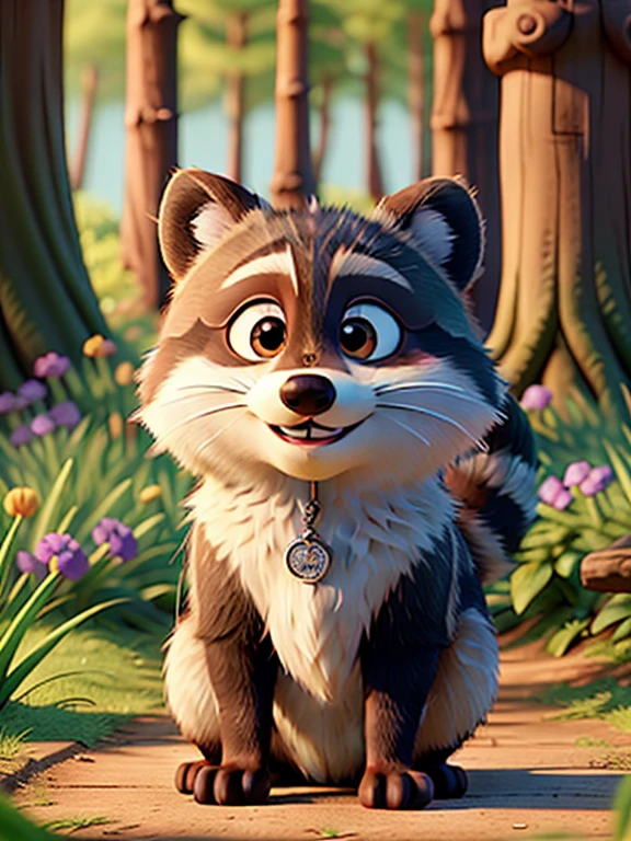 Disney-Pixar-style poster, hightquality, top-quality, raccoon dog,in woods、a cool、Lively