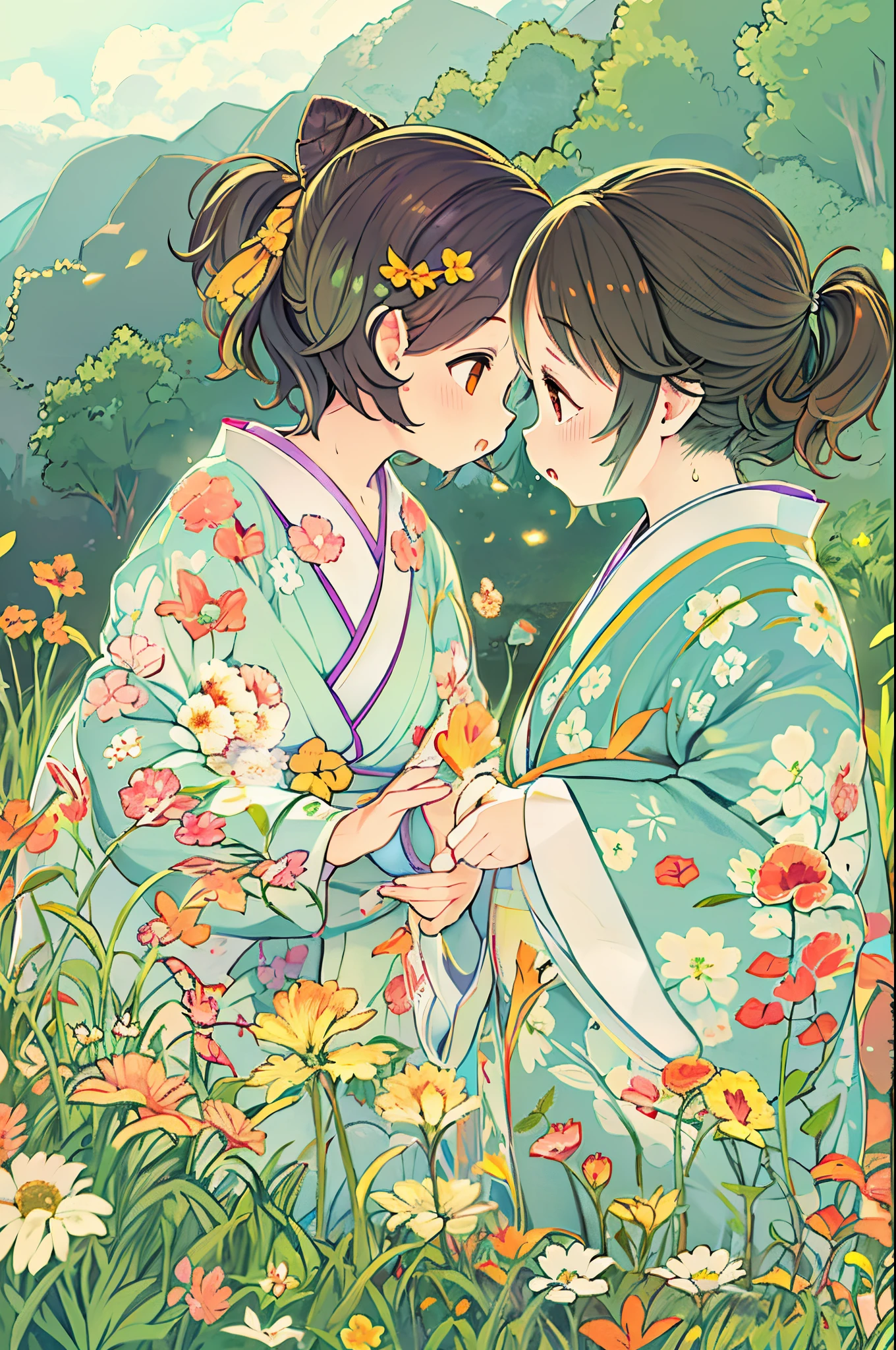 fairytale illustration/Reiko Ikemura, pixabay, simple art, full color illustration, Cute fairy tale illustration, Picture book illustration, Illustration, Hayao Miyazaki's style, In the field, Kimono, Kimono、Two girls、lesbian