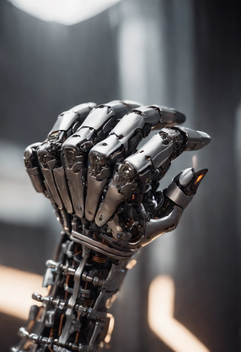 Imagine a compelling image where the subject is a robotic hand with a raised fist, specifically with the middle finger pointing up. Capture this scene with an exquisite focus on intricate details and a shallow depth of field, emphasizing the mechanical intricacies, sleek surfaces, and futuristic design of the robotic hand.
Highlight the micro-details of the robotic hand, focusing on the precision in its construction, reflective surfaces, and nuanced textures that define its futuristic aesthetics. Zoom in on elements such as the play of light on metallic surfaces, intricate joints, and the small details that contribute to the hand's technological allure.
Emphasize the shallow depth of field to bring the robotic hand into sharp focus, allowing the background to blur, creating a sense of depth and drawing attention to the advanced details of the subject. Utilize this technique to enhance the visual impact and highlight the contrast between the raised robotic fist and its environment.
Consider the lighting to enhance the micro-details, using futuristic lighting sources to create a dynamic and visually compelling composition. Illuminate the robotic hand with a mix of ambient and artificial light, casting shadows that add depth and accentuate the futuristic elements.
Imagine the robotic hand in a powerful and assertive pose, with the raised fist and the middle finger pointing up, conveying a bold statement. Craft an image that not only captures the micro-details of the robotic hand but also evokes a sense of strength, resilience, and the merging of human expression with technological innovation.
This detailed prompt aims to inspire the creation of a highly detailed and macro-focused image featuring a robotic hand with a raised fist and the middle finger pointing up, with intricate details and a shallow depth of field against a futuristic background, creating a visually compelling and assertive composition.