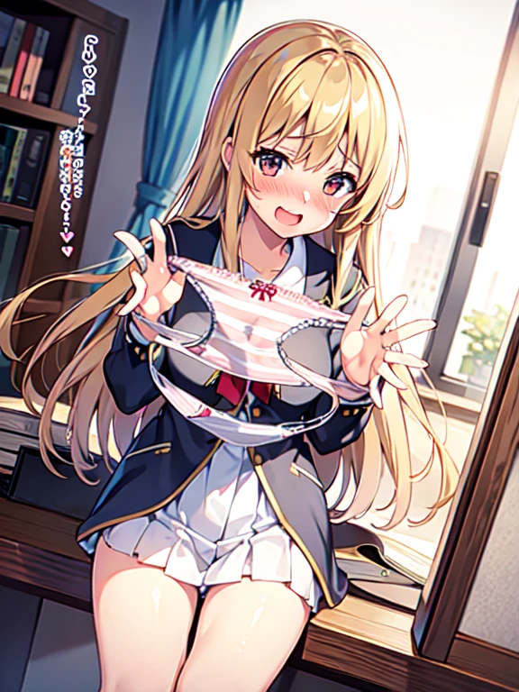 masterpiece, best quality, highly detailed, solo, 1girl, school uniform, NSFW, bottomless, presenting panties, striped panties, sexual excitement, nose blush, :D, teary eyes, 5digits