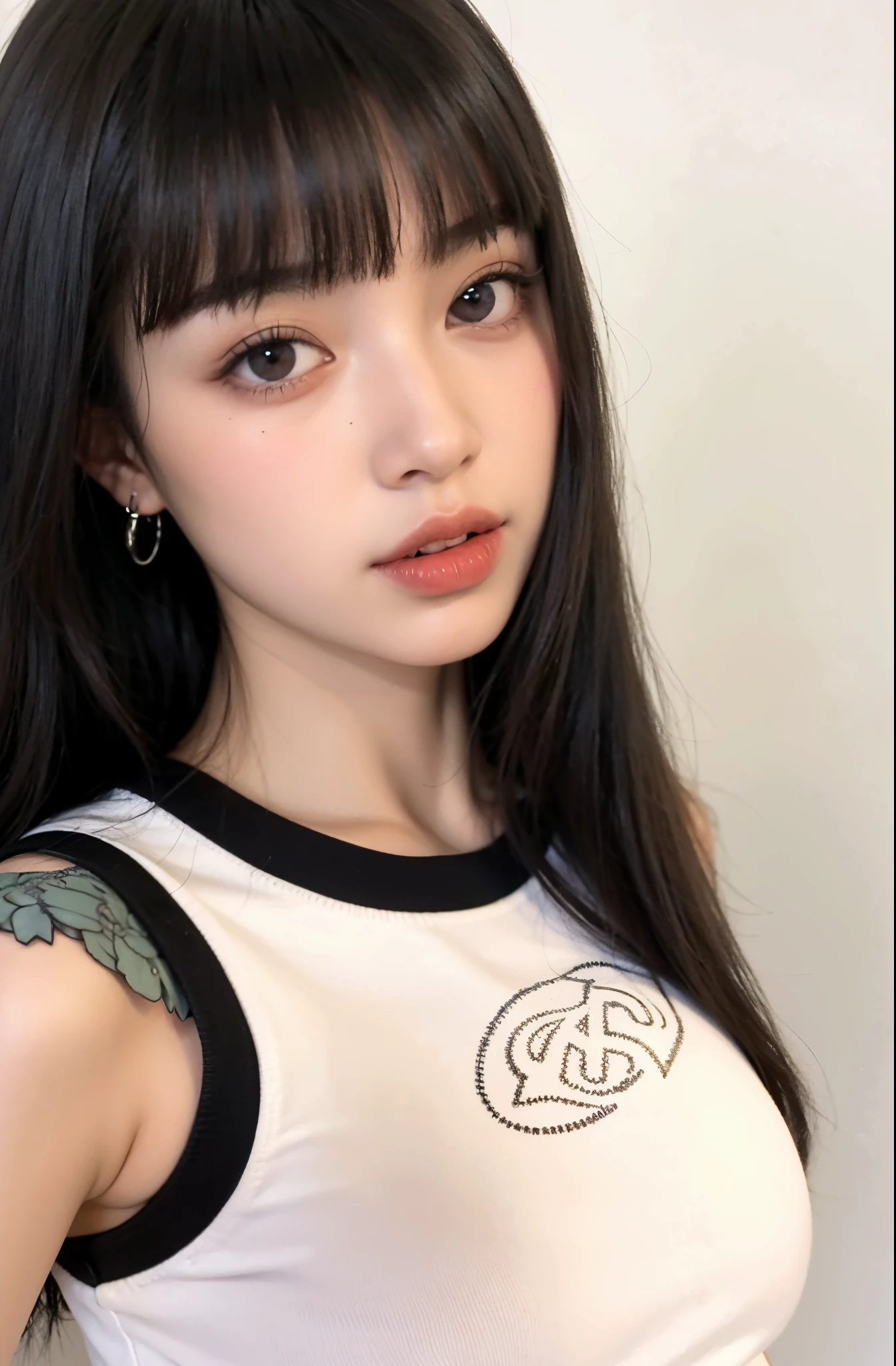 um close up de uma mulher com cabelos longos vestindo uma camisa branca, Ela tem cabelo preto com franja, menina bonito-fino-cara, 🤤 retrato da menina, menina coreana, cruel korean goth girl, branco hime corte penteado, Ulzzang, Lalisa Manobal, com cabelos longos e olhos penetrantes, Menina anime na vida real, preto hime corte cabelo