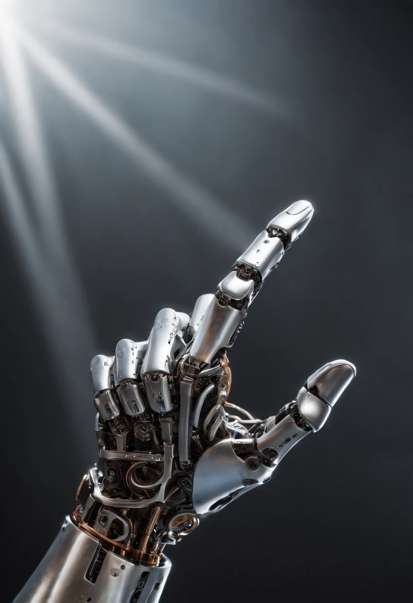 Imagine a compelling image where the subject is a robotic hand with a raised fist, specifically with the middle finger pointing up. Capture this scene with an exquisite focus on intricate details and a shallow depth of field, emphasizing the mechanical intricacies, sleek surfaces, and futuristic design of the robotic hand.
Highlight the micro-details of the robotic hand, focusing on the precision in its construction, reflective surfaces, and nuanced textures that define its futuristic aesthetics. Zoom in on elements such as the play of light on metallic surfaces, intricate joints, and the small details that contribute to the hand's technological allure.
Emphasize the shallow depth of field to bring the robotic hand into sharp focus, allowing the background to blur, creating a sense of depth and drawing attention to the advanced details of the subject. Utilize this technique to enhance the visual impact and highlight the contrast between the raised robotic fist and its environment.
Consider the lighting to enhance the micro-details, using futuristic lighting sources to create a dynamic and visually compelling composition. Illuminate the robotic hand with a mix of ambient and artificial light, casting shadows that add depth and accentuate the futuristic elements.
Imagine the robotic hand in a powerful and assertive pose, with the raised fist and the middle finger pointing up, conveying a bold statement. Craft an image that not only captures the micro-details of the robotic hand but also evokes a sense of strength, resilience, and the merging of human expression with technological innovation.
This detailed prompt aims to inspire the creation of a highly detailed and macro-focused image featuring a robotic hand with a raised fist and the middle finger pointing up, with intricate details and a shallow depth of field against a futuristic background, creating a visually compelling and assertive composition.