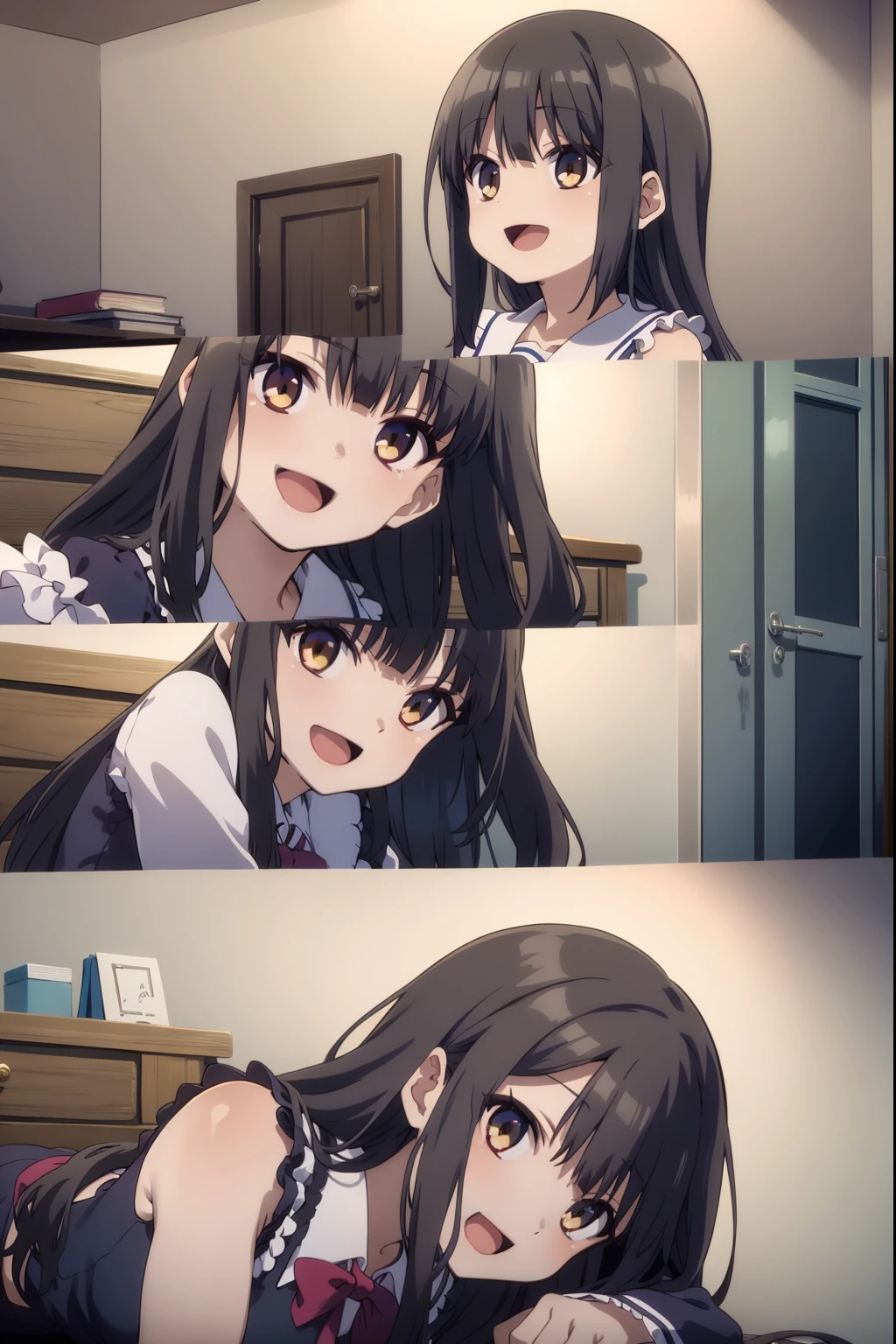 Masterpiece, Best Quality,Smile,open mouth,collage,reclining,school,frills,Triple good,uwabaki
