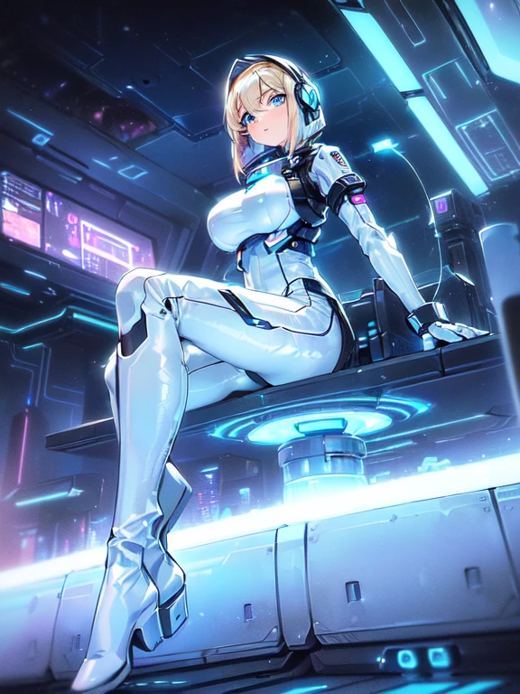 ​masterpiece:1.4, 1girl in ((20yr old, Wearing a futuristic white and silver costume, Tight Fit Bodysuit, long boots, Very gigantic-breasts, Multicolored blonde hair, a short bob, Perfect model body, Blue eyes:1.4, Wearing headphones, Flirting, Looking out the window of the futuristic sci-fi space station、While admiring the beautiful galaxy:1.2, SFSF control room on night background:1.1, Neon and energetic atmosphere:1.2)) ((Galaxy)) ((Solo:1.6))