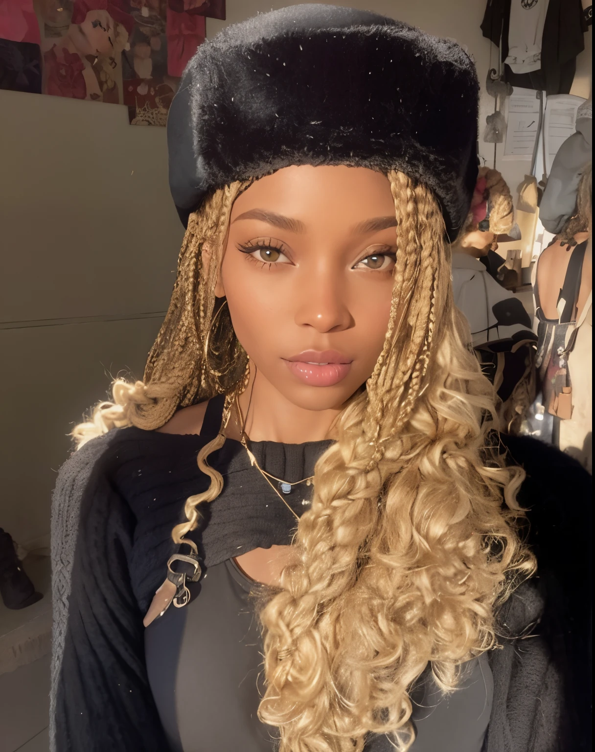 mulher loira com longos cabelos cacheados, wearing a black hat and a black sweater, longos cachos de broca loira, box braids, long curly blonde hair braided, wearing a chocker and cute hat, long braided curly hair, No estilo de Tyler Mitchell, blonde braids and blue eyes, com pele parda, Ela tem pele marrom oliva, com cabelo e pele texturizados, long black braids