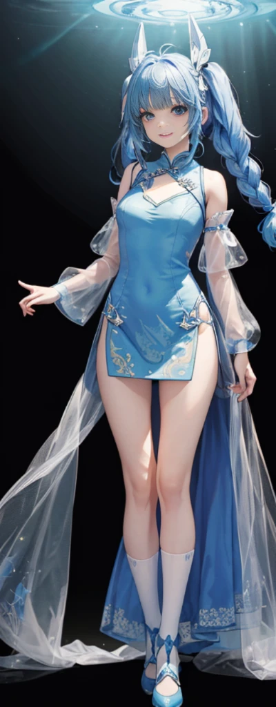 （Full body photo），Fluorescent background，（Final Fantasy Yuna，Flash fluorescence，Hats，Transparent tulle jk，Delicate headgear，ssmile），（paper art，Quilted paper art，geometry），（Lots of colors，Best quality，high detal，tmasterpiece，movie light effect，4K，lightand shade contrast），Blue transparent tulle cheongsam，pigtails，Red knee-length socks，eBlue eyes，long braid， Final Fantasy Yuna