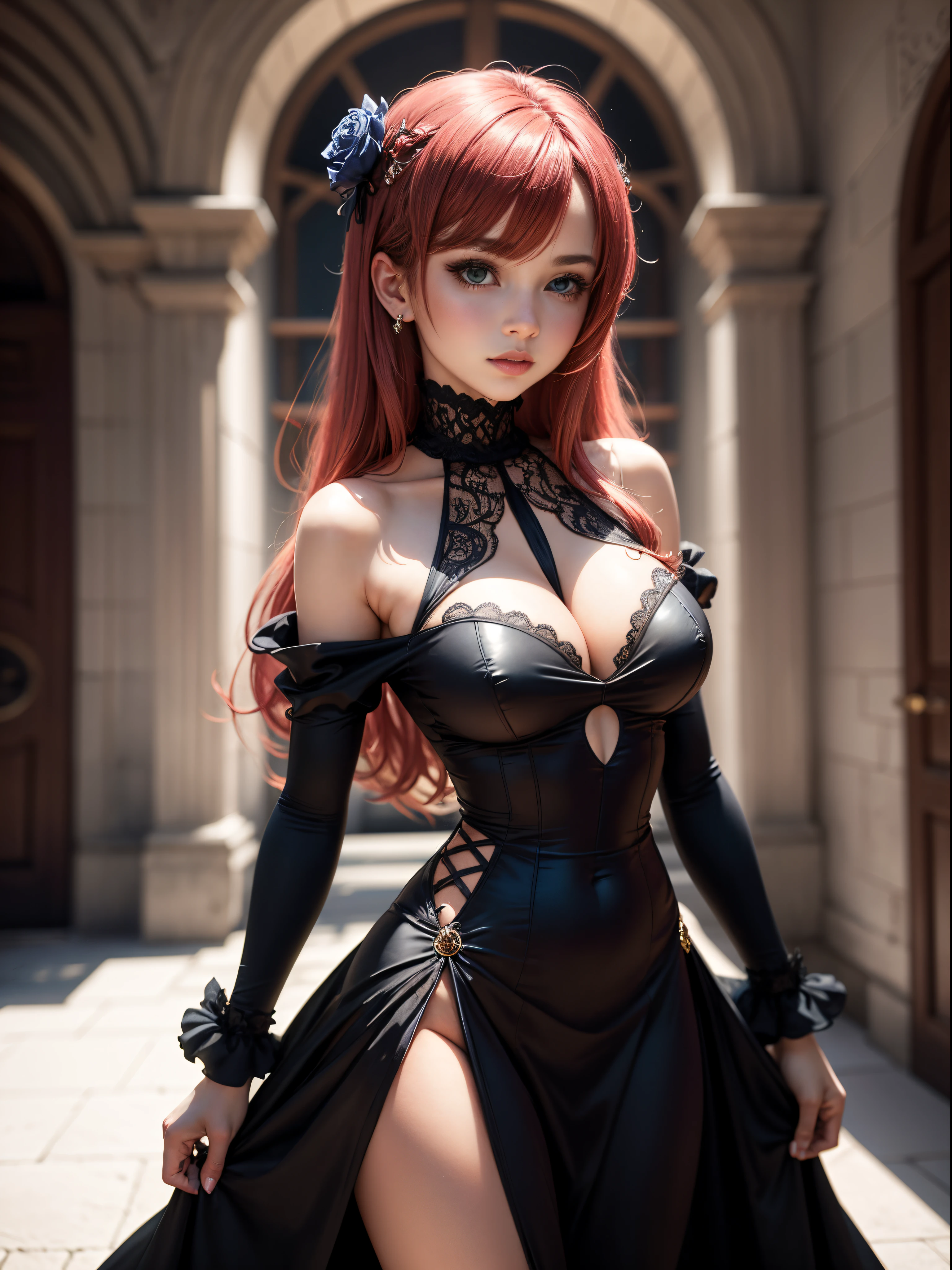 Araffe vestida com um vestido vermelho e preto e meias pretas, cosplay ornamentado, usando roupas formais de fantasia, fantasy style clothing, traje de fantasia, wearing modern gothic clothes, 🌺 CGSetnation, an elegant gothic princess, Cute anime waifu in a nice dress, cosplay glamouroso elegante, Phtoto em tons de cinza com vestido vermelho, wearing a gothic dress, gothic maiden anime girl