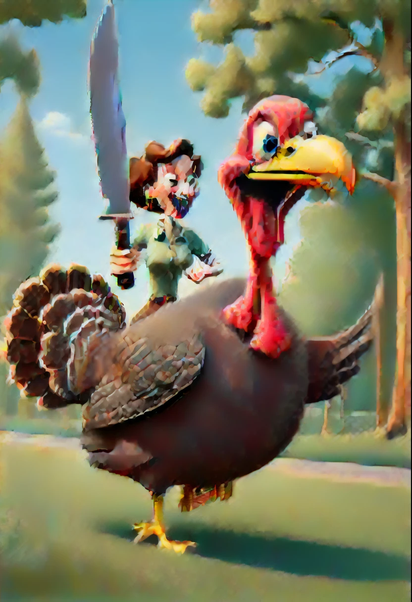 Woman chases turkey with knife,cartoony