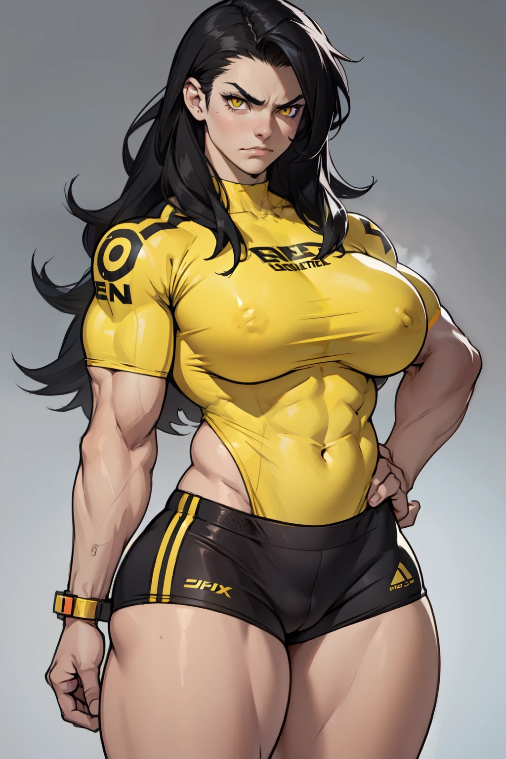 ((1girl)) huge breasts pale skin (muscular) toned body thick thighs black hair yellow eyes (long hair grey background) bodybuilder frowning (skindentation)