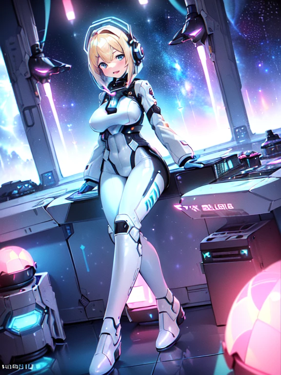masterpiece:1.4, 1girl in ((20yr old, Wearing a futuristic white and silver costume, Tight Fit Bodysuit, long boots, Very gigantic-breasts, Multicolored blonde hair, a short bob, Perfect model body, Blue eyes:1.4, Wearing headphones, Flirting, Looking out the window of the futuristic sci-fi space station、While admiring the beautiful galaxy:1.2, SFSF control room on night background:1.1, Neon and energetic atmosphere:1.2)) ((Galaxy)) ((Solo:1.6))Presenting Panties, Plain white panties, sexual excitement, nose blush, :D, Teary eyes, 5 trusses