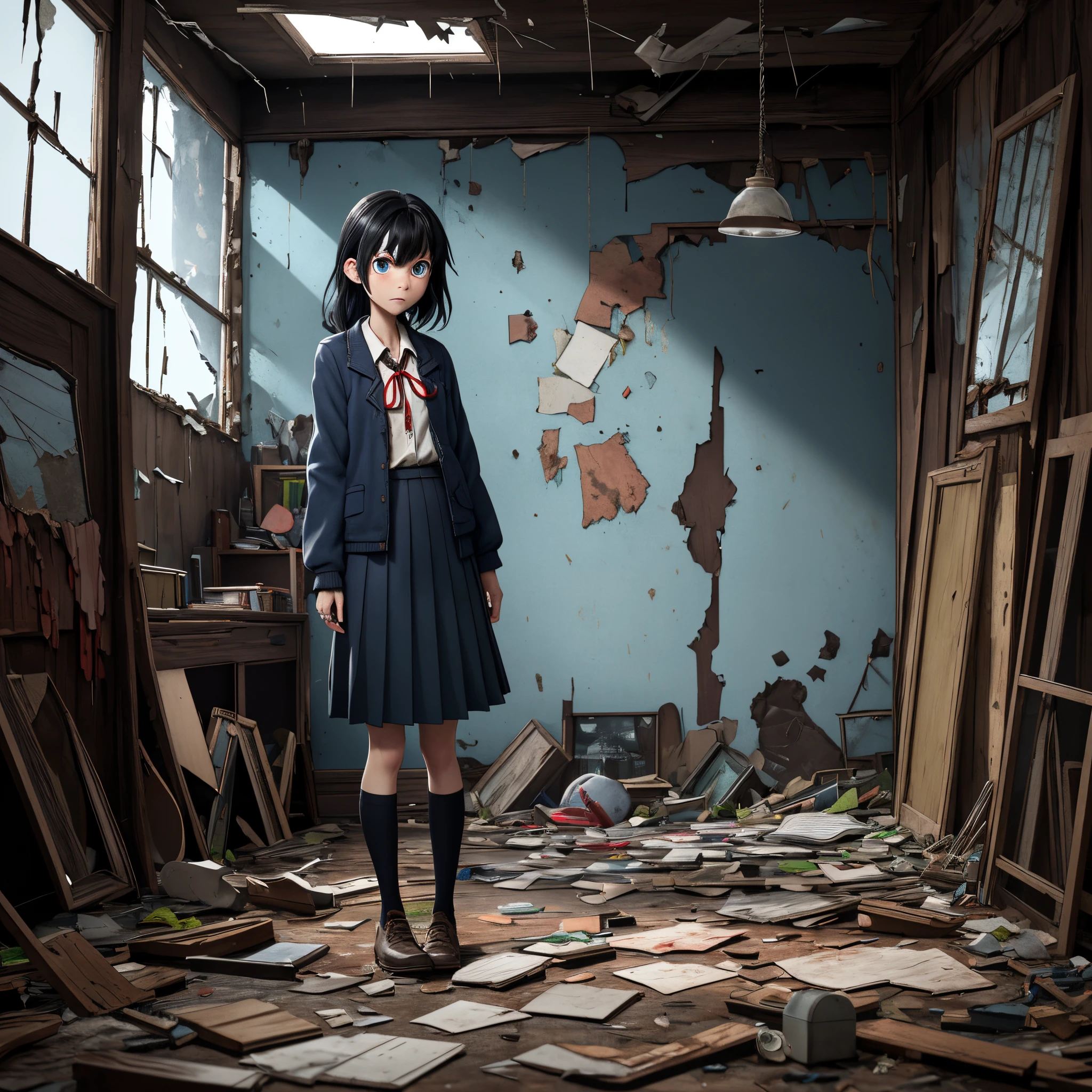 anime, black hair, Schoolgirl girl, blue jacket, blue eyes, darkblue skirt, red ribbon around the neck, full height, ((Full-length)) girl, beste-Qualit, Broken glass, shattered glass, glass broken into pieces, gloom, Blackness, Broken mirrors, The old premise, dinamic lighting, old lamps blinking, glass fragments, broken mirror, Broken mirror, mirror fragments, bloods, blood splash, bloody mirror, bloody glass, old boards, Rotten Planks, garbage, dried boards, ruins of an old building, rotten boards with mold, Dark Basement, cold room, damp room, gloomy room, cold room, abandoned school, fungus on rotten boards, the mirror is broken, yellow boards, brown boards, glass shards everywhere, old bookshelf, Gloomy lighting, basement, flooded basement, rotten basement, moldy dark basement