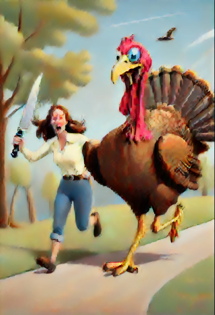 Woman chases turkey with knife,cartoony