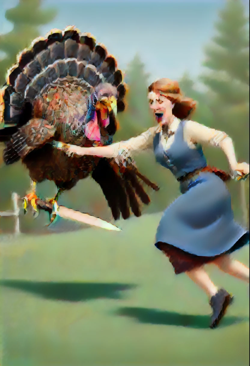 Woman chases turkey with knife,cartoony