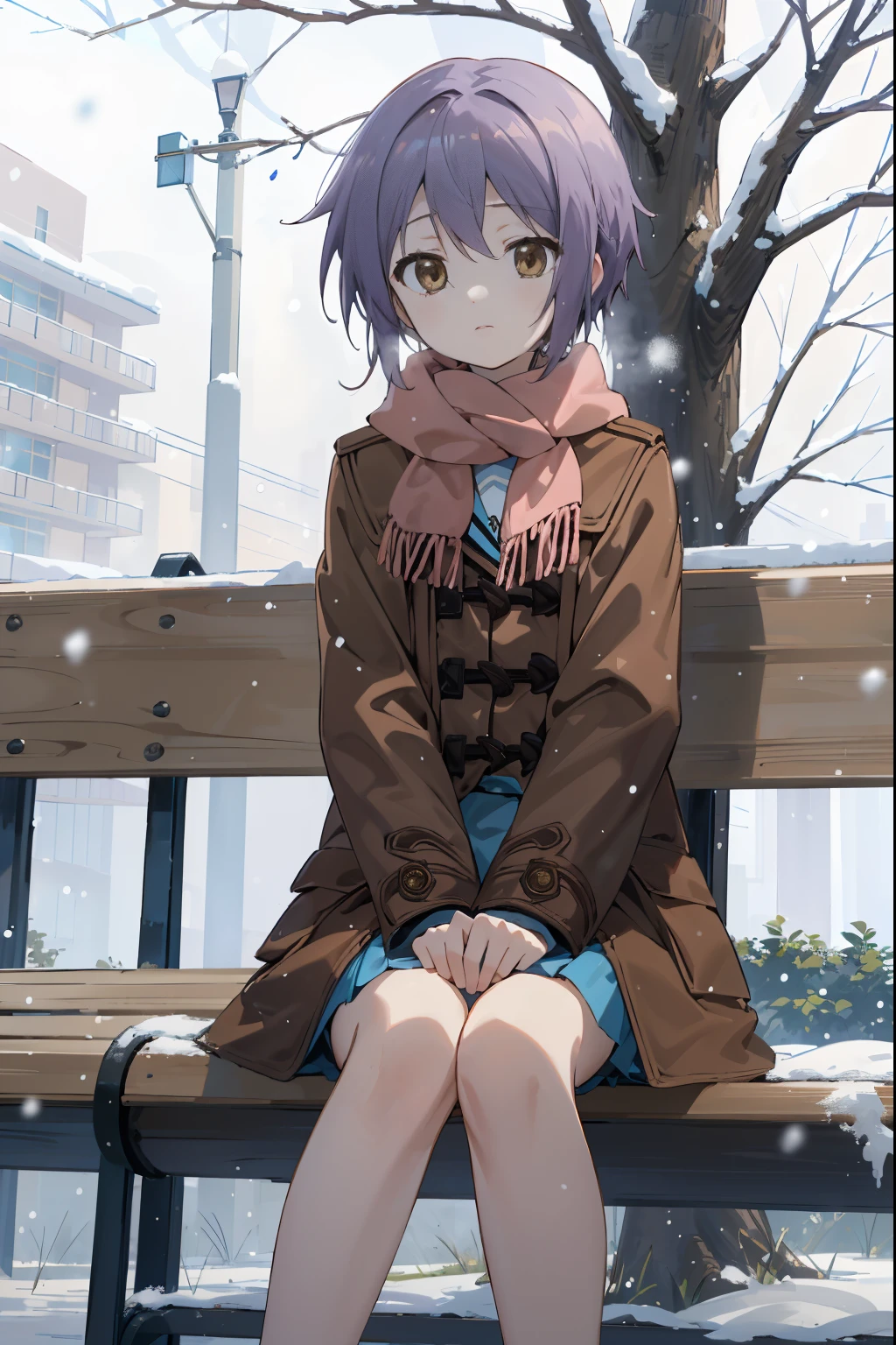 (Masterpiece),(Best Quality), Yuki, brown coat,  a scarf, knees, blank eyes, expressionless face, Park, Waiting, bench, snowing, snowing, a tree, Nature,