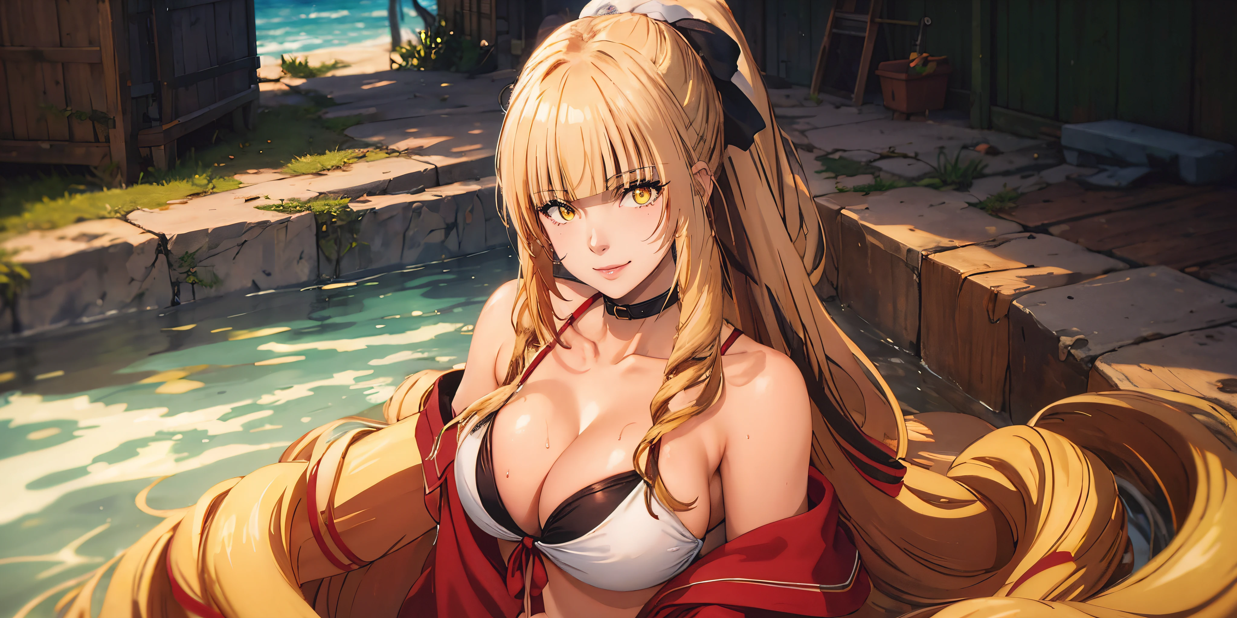 anatomically correct, best quality, masterpiece, high quality, high details, highres, HD, (shaded face:1.2), hollow eyes, yellow eyes, looking at viewer, seductive smile, lips, rose, blonde hair, drill hair, long hair, sweating, wet, breasts, large_breasts, cleavage, long_hair, swimsuit, choker, 1girl, bikini, collarbone, water, looking_at_viewer, bare_shoulders, rigging, red_eyes, very_long_hair, solo, bangs, smile, ponytail, blush, closed_mouth, halterneck, white_bikini, sidelocks, hair_between_eyes, ribbon, outdoors