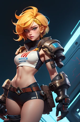 masterpiece artwork featuring a woman with a bob haircut. She is a cyberpunk gladiator, with ginger hair, 25 years old, with a perfect body and metal shoulder pads. She wears tiny leather panties and a torn rugby team t-shirt, almost naked, in Simon Bisley’s urban wild style. Her short blonde hair is minimum clothing and she has metal protection on her left arm with intricate graphics. The background features a wall painted by Shepard Fairey with an intricate design, in HNKstyle, 80's anime style