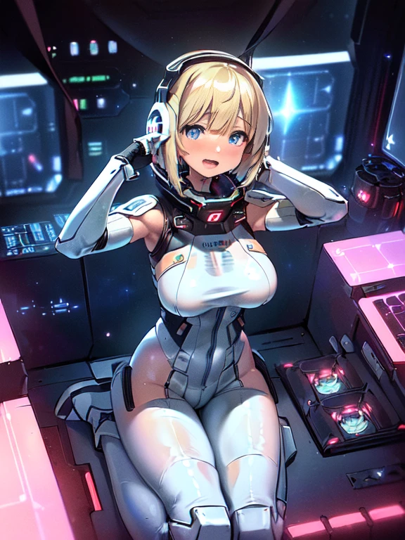 masterpiece:1.4, 1girl in ((20yr old, Wearing a futuristic white and silver costume, Tight Fit Bodysuit, long boots, Very gigantic-breasts, Multicolored blonde hair, a short bob, Perfect model body, Blue eyes:1.4, Wearing headphones, Presenting Panties, Plain white panties, sexual excitement, nose blush, :D, Teary eyes, 5 Truss, Looking out the window of the futuristic sci-fi space station、While admiring the beautiful galaxy:1.2, SFSF control room on night background:1.1, Neon and energetic atmosphere:1.2)) ((Galaxy)) ((Solo:1.6))