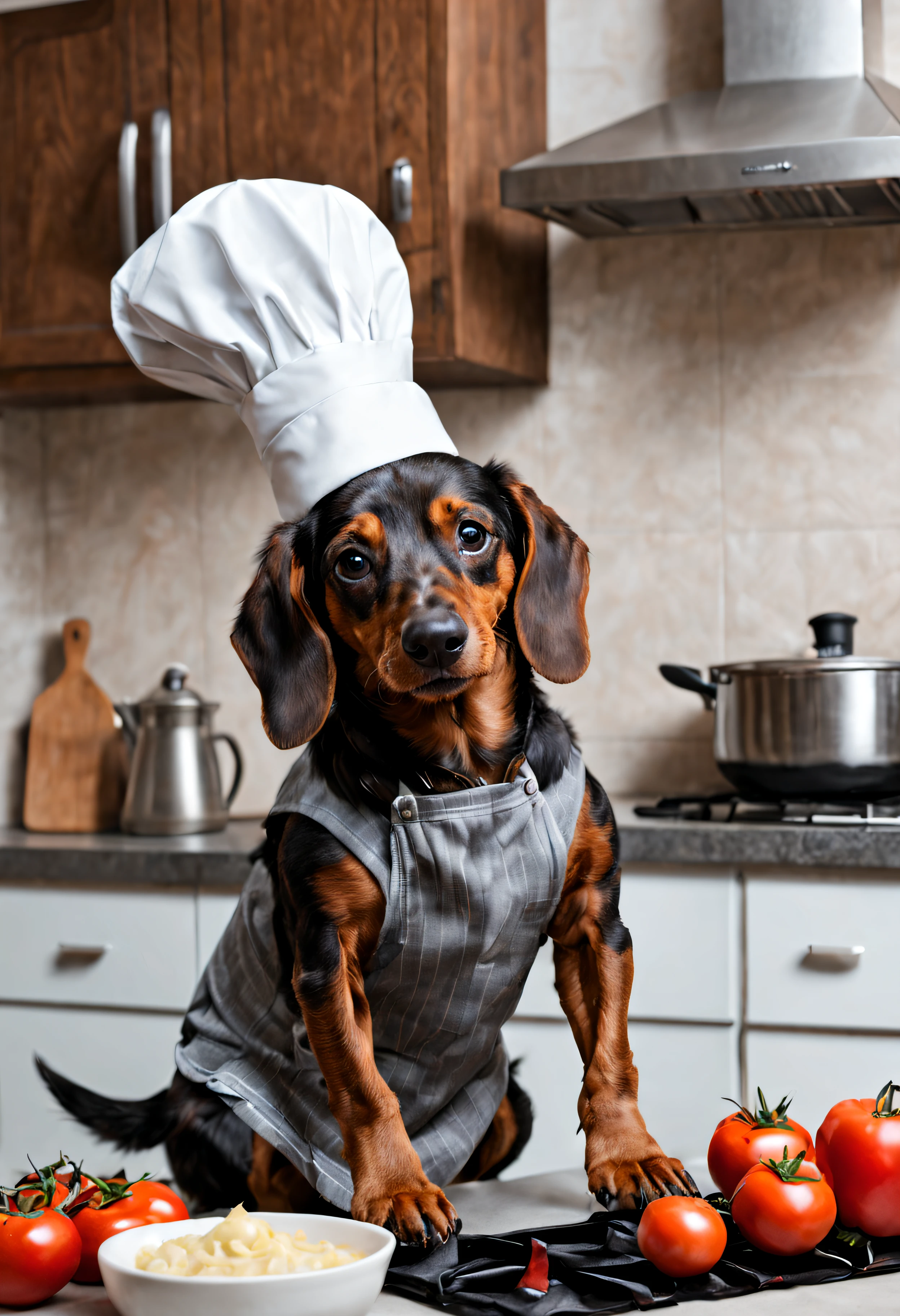 a cute dog teckel, he is cooking in the kitchen, with clothes on