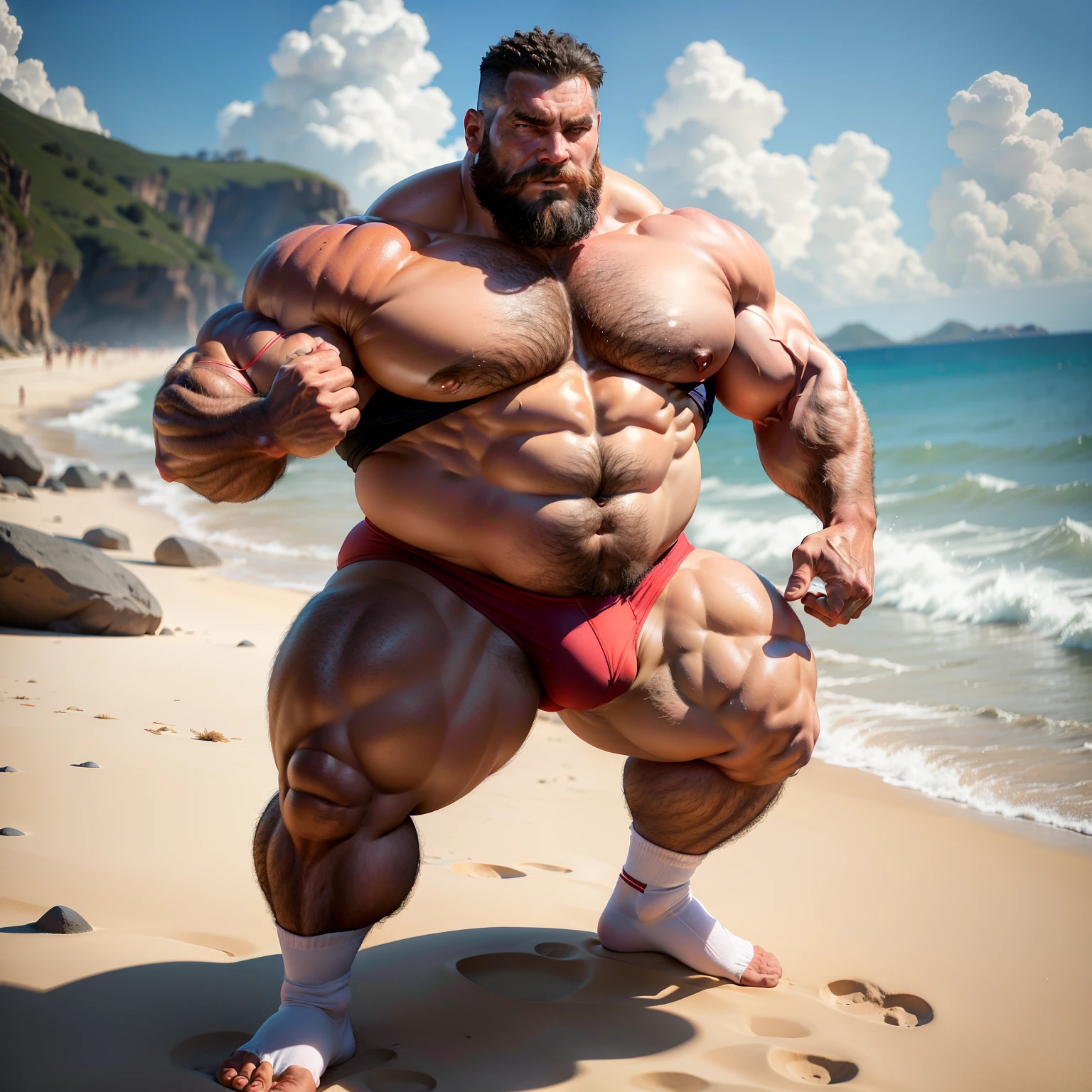 Full body photo)strong、Sporty middle-aged man,Grow a fine beard,The whole body is strong and powerful,beefy pectorals,Strong arms,Wear only red transparent panties,in hot state,long white socks,without wearing shoes,Exercise on the beach,Huge muscles are showing,Great Assa,The buttocks are muscular,Sexy photos