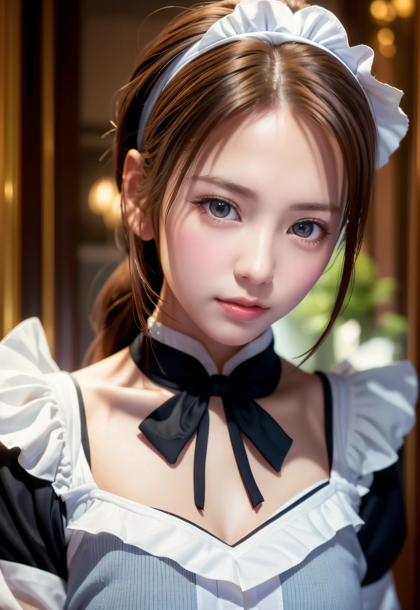 8K, of the highest quality, masutepiece:1.2), (Realistic, Photorealsitic:1.37), of the highest quality, masutepiece, Beautiful young woman, Pensive expression,、A charming、and an inviting look, Cute Maid Clothes, Hair tied back, Cinematic background, Light skin tone