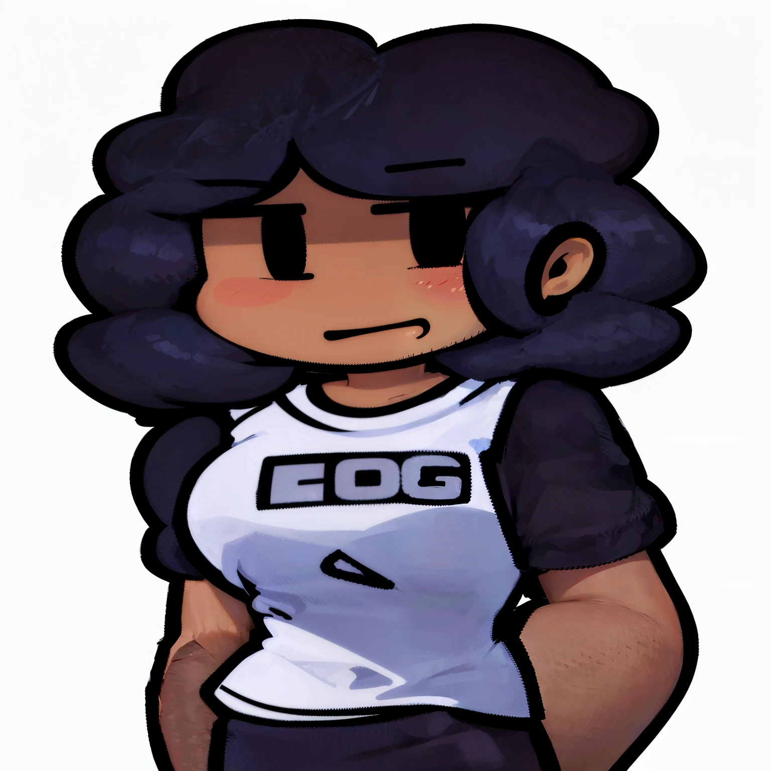 teenage girl with dark skin and black curly hair wearing a black short-sleeved white shirt and black pants