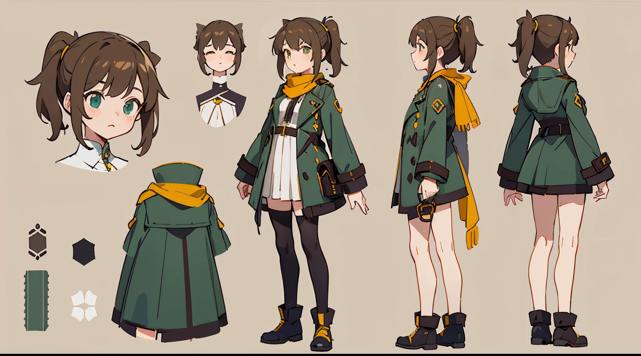 Character reference sheet, 1 girl, ((azure fantasy characters)), The whole body is intact, character design sheet, ((1 Front perspective view, Only 1 front view and 1 rear view)) Yellow and white theme clothing design, Symmetrical elements in clothing, Clothing simulation detection similar to CLO, marvelous designer, 8K分辨率, Ultra HD image output,punk clothing,Dark green trench coat,Brown side ponytail,Yellow scarf