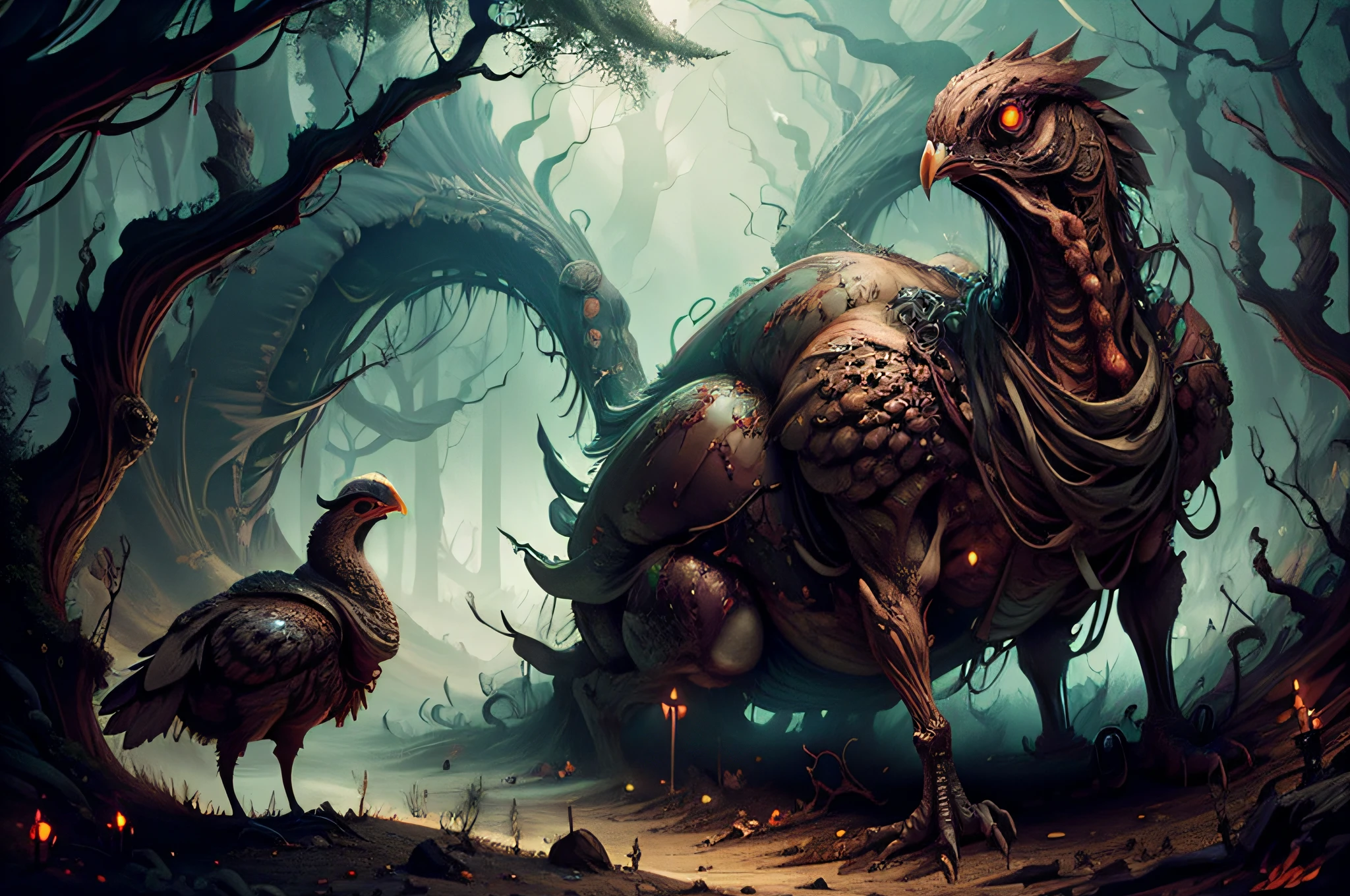 masterpiece, best quality, colossal turkey, undead turkey, thanksgiving turkey, rotten turkey, in the forest, undead forest