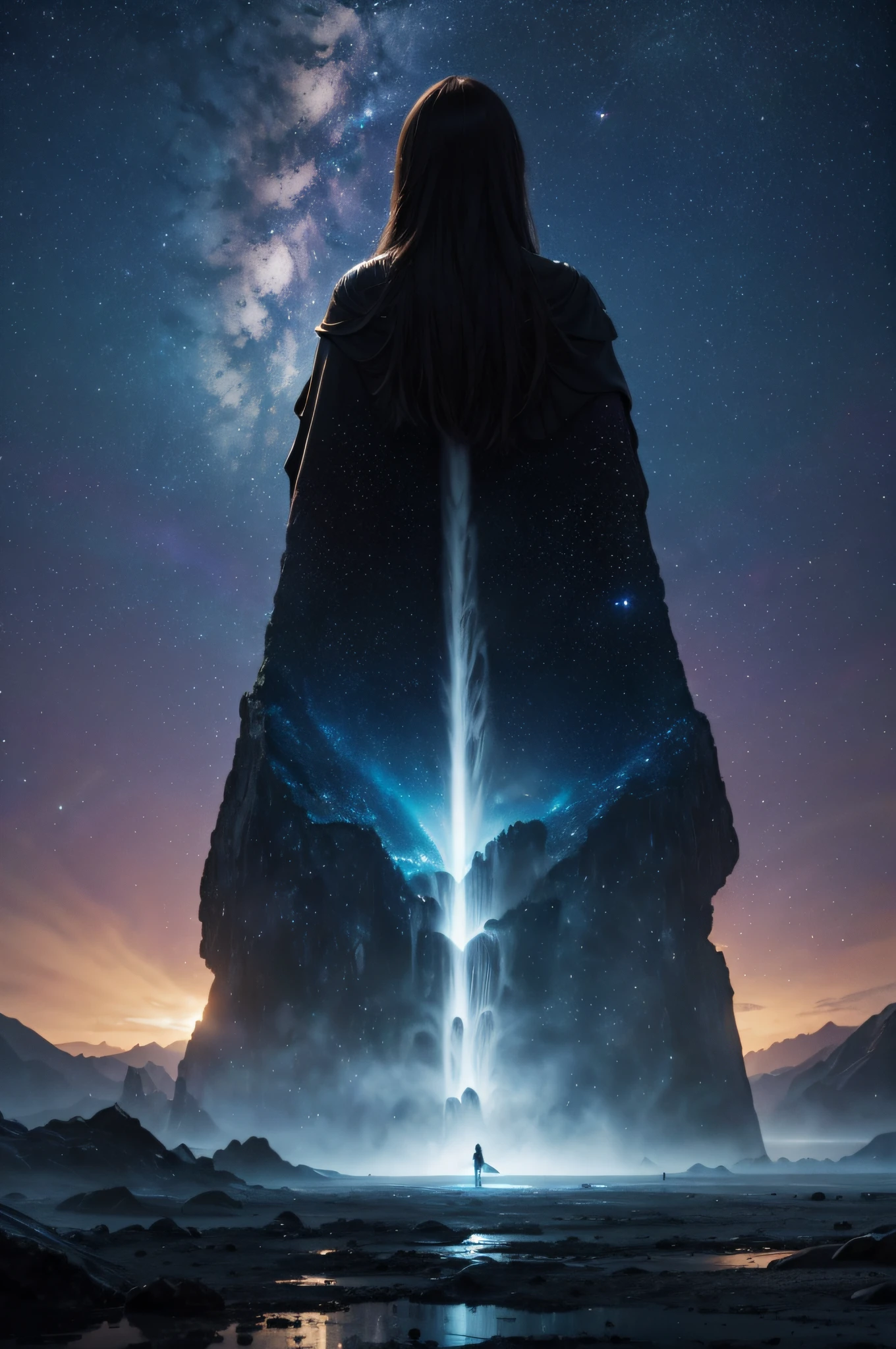 Cosmic cities in the distance, a tall girl figure facing forward and looking into the distance colors and space. lifestyle photography, candid, realistic, epic realism, cinematic, epic realism,8K, highly detailed and water falls behind her and more cosmic, movie like, Alexis donn, ripple in time and space with earth in the distance, meteors, waterfalls