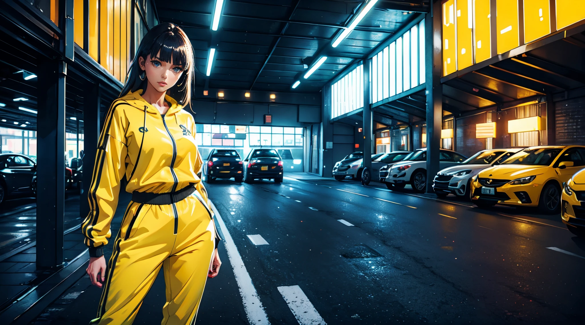 young woman, yellow tracksuit, covered parking, neon lights, beautiful lighting, masterpiece, photorealistic, best quality, 8k.