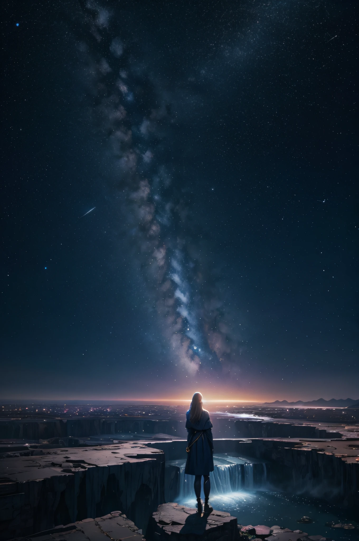 Cosmic cities in the distance, a tall girl figure facing forward and looking into the distance colors and space. lifestyle photography, candid, realistic, epic realism, cinematic, epic realism,8K, highly detailed and water falls behind her and more cosmic, movie like, Alexis donn, ripple in time and space with earth in the distance, meteors, waterfalls