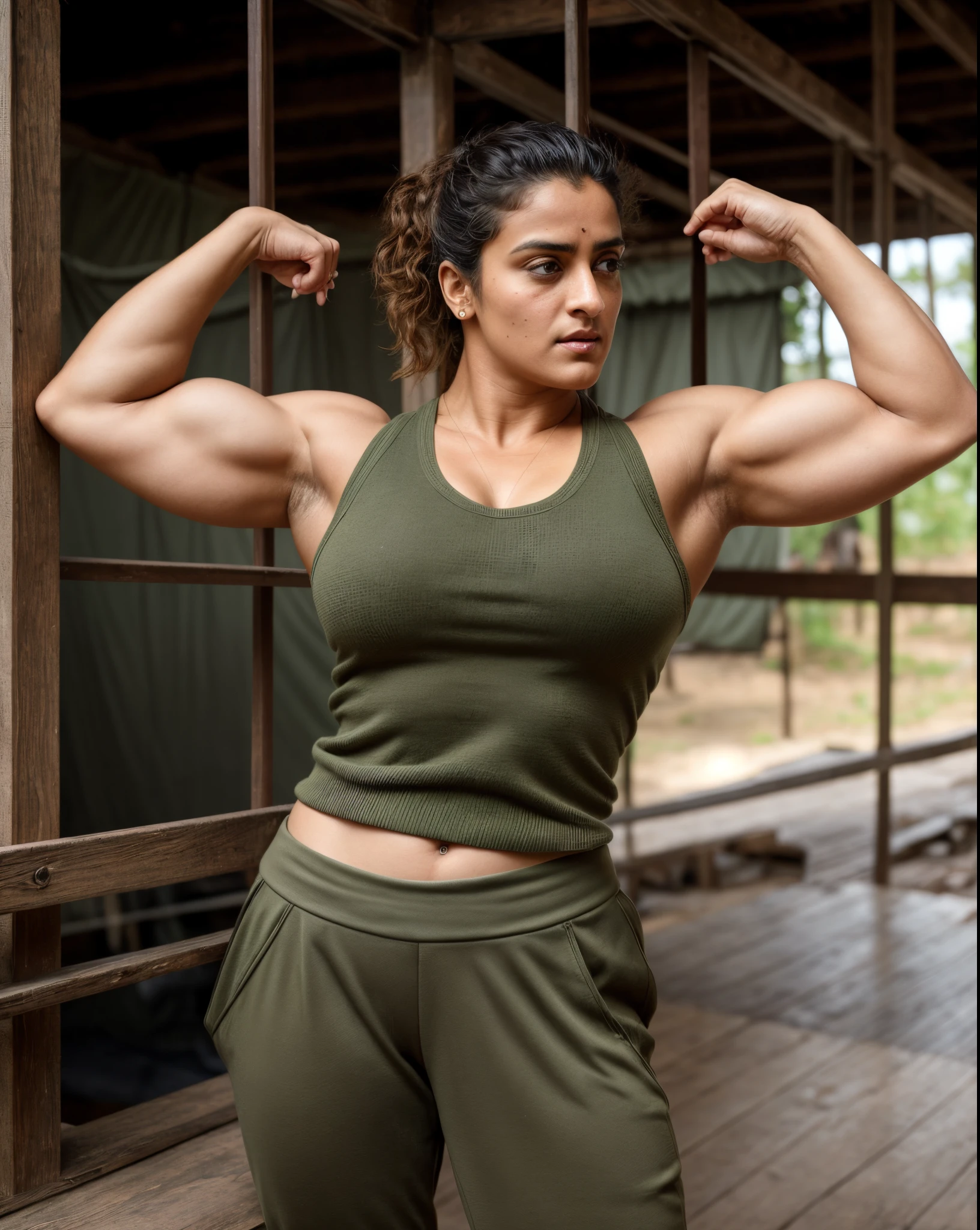 Face of PV Sindhu and Tapsee Pannu, perfect thick dusky Beauty, dynamic lighting, wearing olive green Knit Cami top, She is the combination of Beauty and power, detailed hairy armpits, super hot cop, mascular Woman doing exercise, full of sweat, sweaty body, sweat, shiny skin, movie stills, cinematic portrait, cinematic Lightning, Highest quality, (dramatic lighting:0.7), masterpiece, high angle shot, perky breast, big tight breast, RAW photo of (pale 45 year old military Special Force woman with short styled hair, mascular woman with heavy physique, looking up at the viewer), cute, Extremely sweat, (wearing sleeveless
square neck vest, thin cotton ), doing free hand excercise in a military camp in jungle, portrait, perfect face, beautiful eyes, vivid detail, (highly detailed skin), freckles, sfw, (blue tint:0.6), (dirty:0.8), (bloody:0.7), key lighting, (backlighting:0.5), medium depth of field, photographed on a Canon 5D, 50mm lens, F/4 aperture, (hyperdetailed, intricate details), sharp focus, muted colors, 8k, absurdres, 8mm film grain, war photography, perfect eyes, detailed eyes, sharp focus,