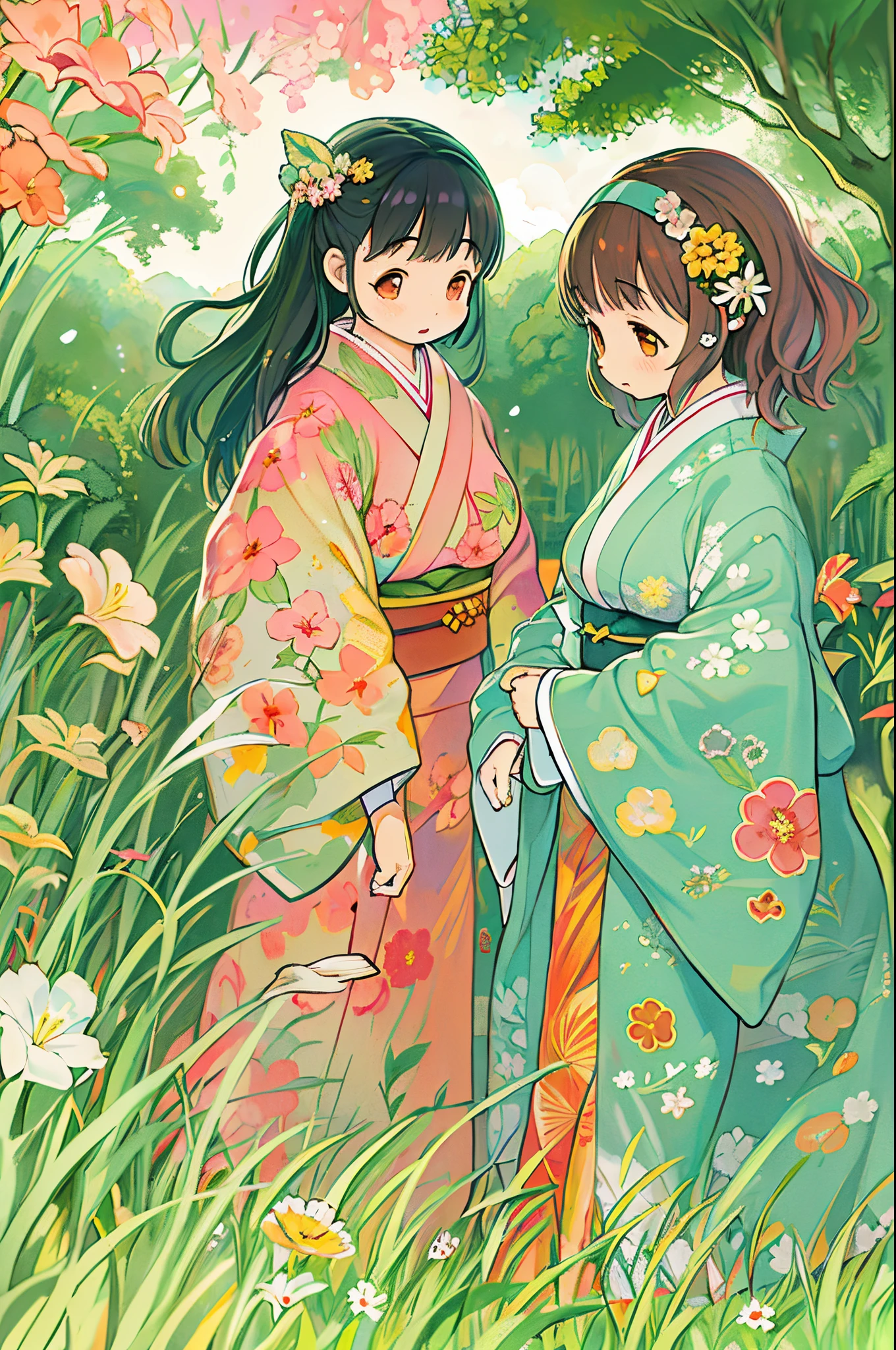 fairytale illustration/Reiko Ikemura, pixabay, simple art, full color illustration, Cute fairy tale illustration, Picture book illustration, Illustration, Hayao Miyazaki's style, In the field, Kimono, Kimono、Two girls、lesbian