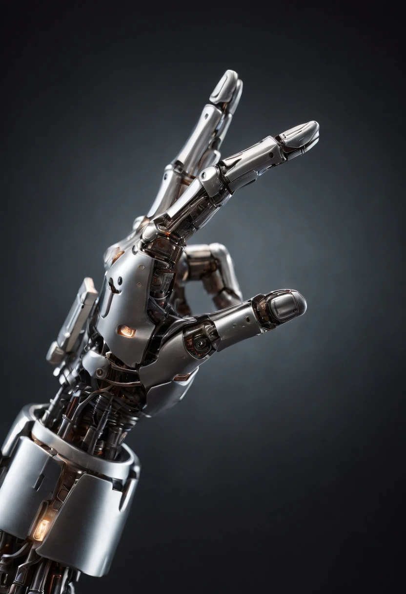 Imagine a compelling image where the subject is a robotic hand with a raised fist, specifically with the middle finger pointing up. Capture this scene with an exquisite focus on intricate details and a shallow depth of field, emphasizing the mechanical intricacies, sleek surfaces, and futuristic design of the robotic hand.

Highlight the micro-details of the robotic hand, focusing on the precision in its construction, reflective surfaces, and nuanced textures that define its futuristic aesthetics. Zoom in on elements such as the play of light on metallic surfaces, intricate joints, and the small details that contribute to the hand's technological allure.

Emphasize the shallow depth of field to bring the robotic hand into sharp focus, allowing the background to blur, creating a sense of depth and drawing attention to the advanced details of the subject. Utilize this technique to enhance the visual impact and highlight the contrast between the raised robotic fist and its environment.

Consider the lighting to enhance the micro-details, using futuristic lighting sources to create a dynamic and visually compelling composition. Illuminate the robotic hand with a mix of ambient and artificial light, casting shadows that add depth and accentuate the futuristic elements.

Imagine the robotic hand in a powerful and assertive pose, with the raised fist and the middle finger pointing up, conveying a bold statement. Craft an image that not only captures the micro-details of the robotic hand but also evokes a sense of strength, resilience, and the merging of human expression with technological innovation.

This detailed prompt aims to inspire the creation of a highly detailed and macro-focused image featuring a robotic hand with a raised fist and the middle finger pointing up, with intricate details and a shallow depth of field against a futuristic background, creating a visually compelling and assertive composition.