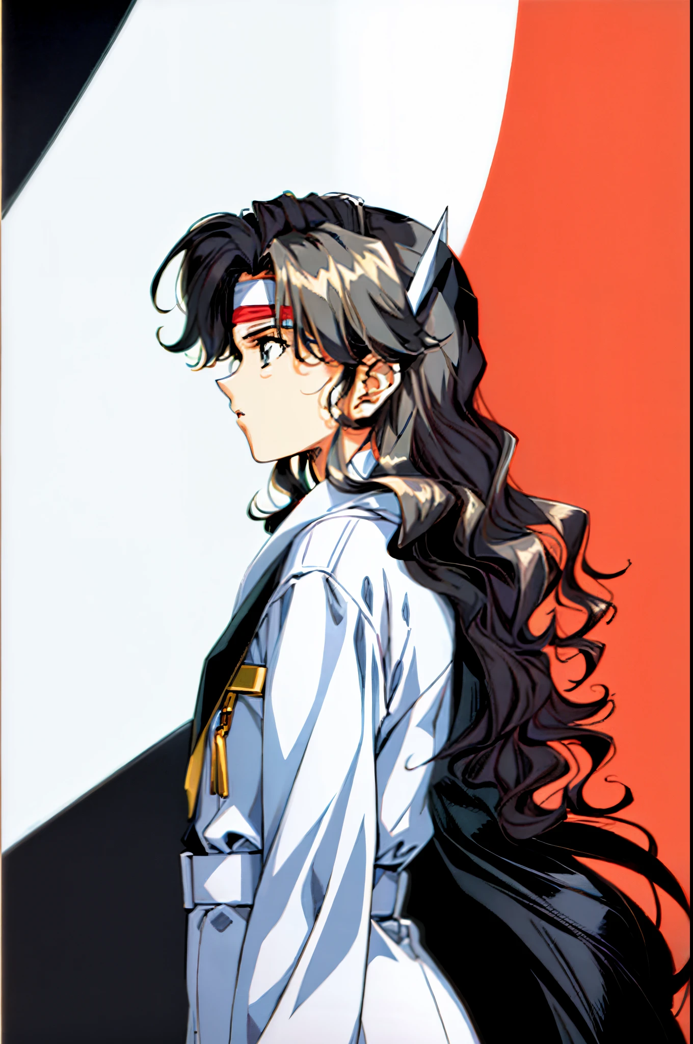 ,urushihara satoshi, 1980's anime style, character designs,highly detailed,flat color,best quality,masterpiece,dept of field,urushihara satoshi,1girl,full body,1980s \(style\),80s anime, ,((masterpiece)),(((best quality))),(character design sheet,same character,front,side,back), 1girl, solo,ear gear,blonde curly long hair,long coat jacket,,strong leadership character,she is commander,black military jacket,retro artstyle,masterpiece,bestquality,top quality,ultra highly , concept art, character sheet, (simple background, white background: 1.3),(black outfit:1.4),head band,asian eyes,beautiful eyes,best shadow,(((sharp eyes))),upper body,(girl:1.3),(determined:1.2),(FROM SIDE:1.2),macross,