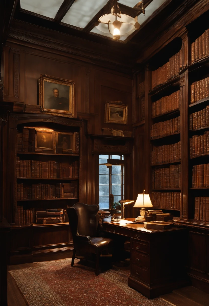 A photo of a dark, elegant study with shelves filled with leather-bound books and a large wooden desk.,The Silence of the Lambs,Lecter’s appearance is described as being disarmingly ordinary yet neat, with an intense gaze and a hint of predatory sharpness. He often presents himself with impeccable manners, a calm composure, and a precise, almost surgical precision in movement, masking the monster that lies beneath his civilized veneer.