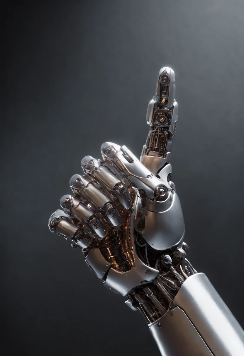Imagine a compelling image where the subject is a robotic hand with a raised fist, specifically with the middle finger pointing up. Capture this scene with an exquisite focus on intricate details and a shallow depth of field, emphasizing the mechanical intricacies, sleek surfaces, and futuristic design of the robotic hand.
Highlight the micro-details of the robotic hand, focusing on the precision in its construction, reflective surfaces, and nuanced textures that define its futuristic aesthetics. Zoom in on elements such as the play of light on metallic surfaces, intricate joints, and the small details that contribute to the hand's technological allure.
Emphasize the shallow depth of field to bring the robotic hand into sharp focus, allowing the background to blur, creating a sense of depth and drawing attention to the advanced details of the subject. Utilize this technique to enhance the visual impact and highlight the contrast between the raised robotic fist and its environment.
Consider the lighting to enhance the micro-details, using futuristic lighting sources to create a dynamic and visually compelling composition. Illuminate the robotic hand with a mix of ambient and artificial light, casting shadows that add depth and accentuate the futuristic elements.
Imagine the robotic hand in a powerful and assertive pose, with the raised fist and the middle finger pointing up, conveying a bold statement. Craft an image that not only captures the micro-details of the robotic hand but also evokes a sense of strength, resilience, and the merging of human expression with technological innovation.
This detailed prompt aims to inspire the creation of a highly detailed and macro-focused image featuring a robotic hand with a raised fist and the middle finger pointing up, with intricate details and a shallow depth of field against a futuristic background, creating a visually compelling and assertive composition.