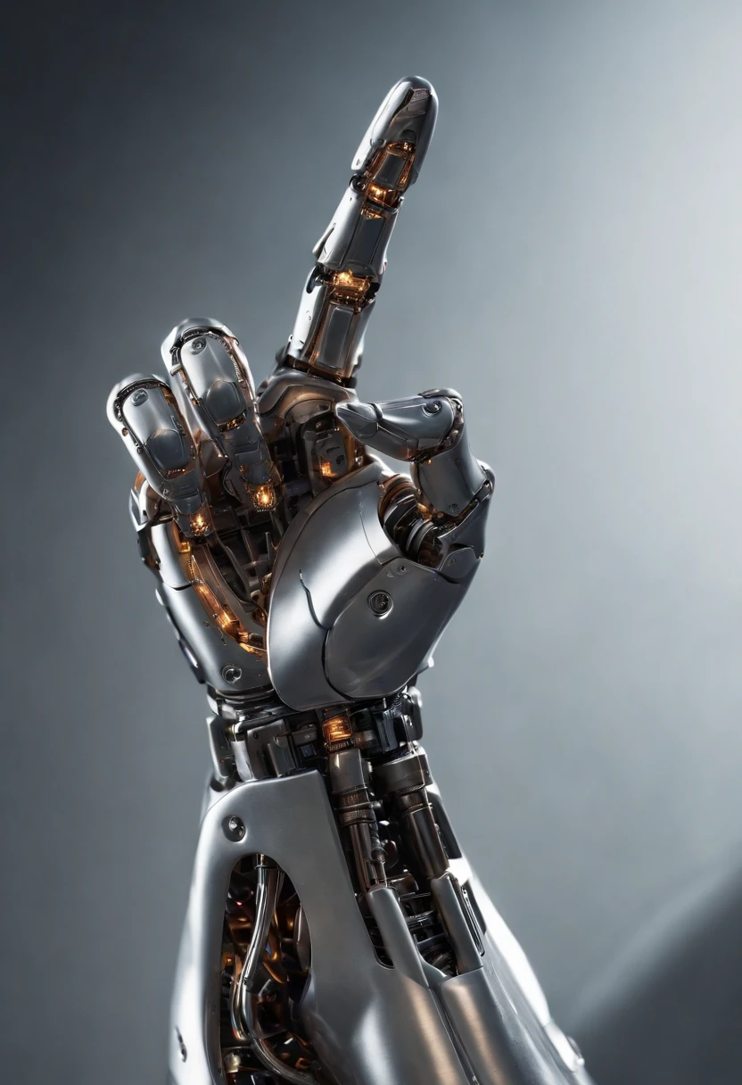 Imagine a compelling image where the subject is a robotic hand with a raised fist, specifically with the middle finger pointing up. Capture this scene with an exquisite focus on intricate details and a shallow depth of field, emphasizing the mechanical intricacies, sleek surfaces, and futuristic design of the robotic hand.

Highlight the micro-details of the robotic hand, focusing on the precision in its construction, reflective surfaces, and nuanced textures that define its futuristic aesthetics. Zoom in on elements such as the play of light on metallic surfaces, intricate joints, and the small details that contribute to the hand's technological allure.

Emphasize the shallow depth of field to bring the robotic hand into sharp focus, allowing the background to blur, creating a sense of depth and drawing attention to the advanced details of the subject. Utilize this technique to enhance the visual impact and highlight the contrast between the raised robotic fist and its environment.

Consider the lighting to enhance the micro-details, using futuristic lighting sources to create a dynamic and visually compelling composition. Illuminate the robotic hand with a mix of ambient and artificial light, casting shadows that add depth and accentuate the futuristic elements.

Imagine the robotic hand in a powerful and assertive pose, with the raised fist and the middle finger pointing up, conveying a bold statement. Craft an image that not only captures the micro-details of the robotic hand but also evokes a sense of strength, resilience, and the merging of human expression with technological innovation.

This detailed prompt aims to inspire the creation of a highly detailed and macro-focused image featuring a robotic hand with a raised fist and the middle finger pointing up, with intricate details and a shallow depth of field against a futuristic background, creating a visually compelling and assertive composition.