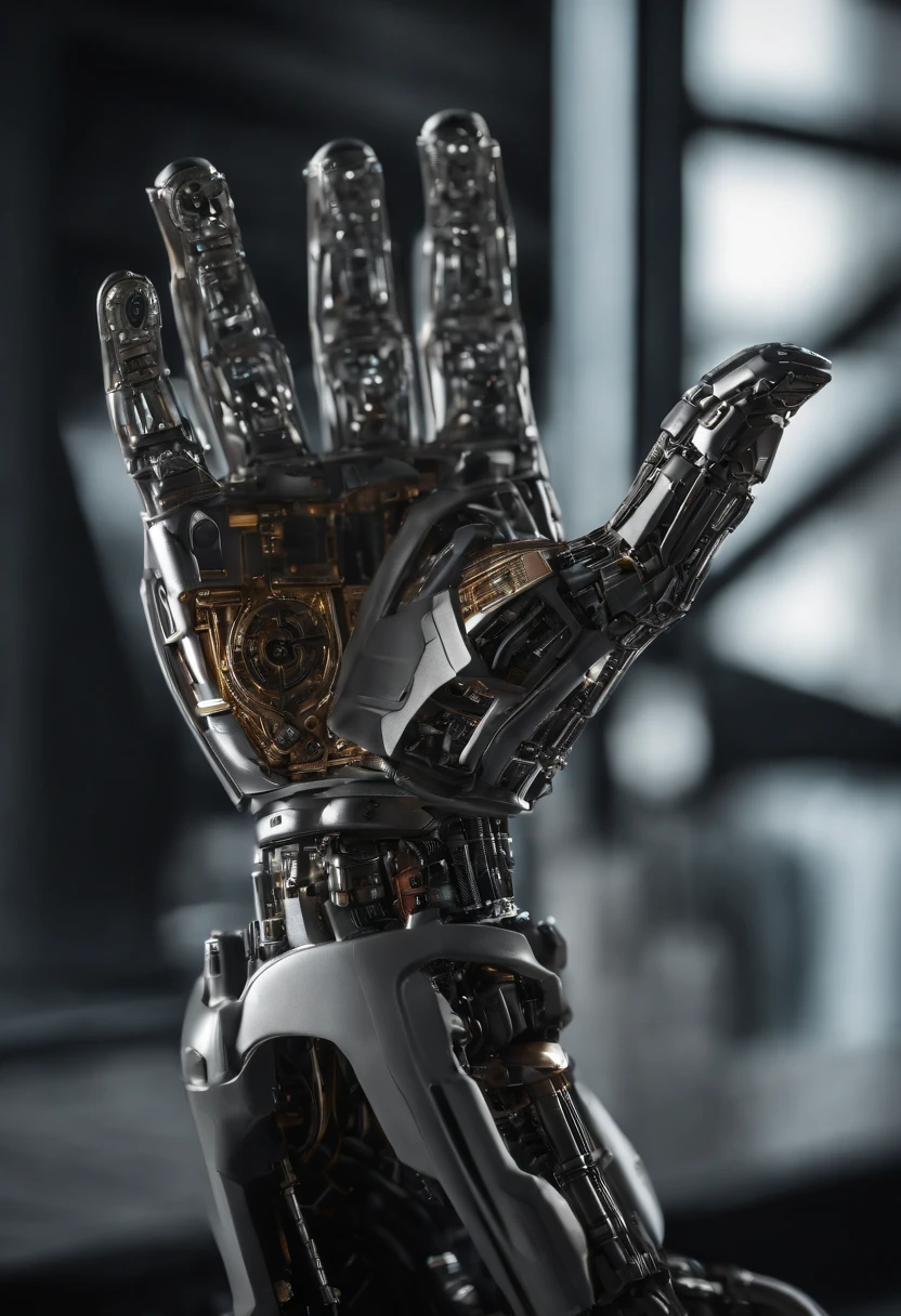 Imagine a compelling image where the subject is a robotic hand with a raised fist, specifically with the middle finger pointing up. Capture this scene with an exquisite focus on intricate details and a shallow depth of field, emphasizing the mechanical intricacies, sleek surfaces, and futuristic design of the robotic hand.

Highlight the micro-details of the robotic hand, focusing on the precision in its construction, reflective surfaces, and nuanced textures that define its futuristic aesthetics. Zoom in on elements such as the play of light on metallic surfaces, intricate joints, and the small details that contribute to the hand's technological allure.

Emphasize the shallow depth of field to bring the robotic hand into sharp focus, allowing the background to blur, creating a sense of depth and drawing attention to the advanced details of the subject. Utilize this technique to enhance the visual impact and highlight the contrast between the raised robotic fist and its environment.

Consider the lighting to enhance the micro-details, using futuristic lighting sources to create a dynamic and visually compelling composition. Illuminate the robotic hand with a mix of ambient and artificial light, casting shadows that add depth and accentuate the futuristic elements.

Imagine the robotic hand in a powerful and assertive pose, with the raised fist and the middle finger pointing up, conveying a bold statement. Craft an image that not only captures the micro-details of the robotic hand but also evokes a sense of strength, resilience, and the merging of human expression with technological innovation.

This detailed prompt aims to inspire the creation of a highly detailed and macro-focused image featuring a robotic hand with a raised fist and the middle finger pointing up, with intricate details and a shallow depth of field against a futuristic background, creating a visually compelling and assertive composition.