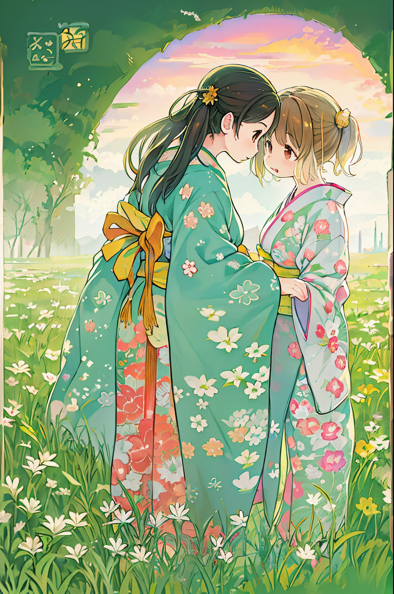 fairytale illustration/Reiko Ikemura, pixabay, simple art, full color illustration, Cute fairy tale illustration, Picture book illustration, Illustration, Hayao Miyazaki's style, In the field, Kimono, Kimono、Two girls、lesbian