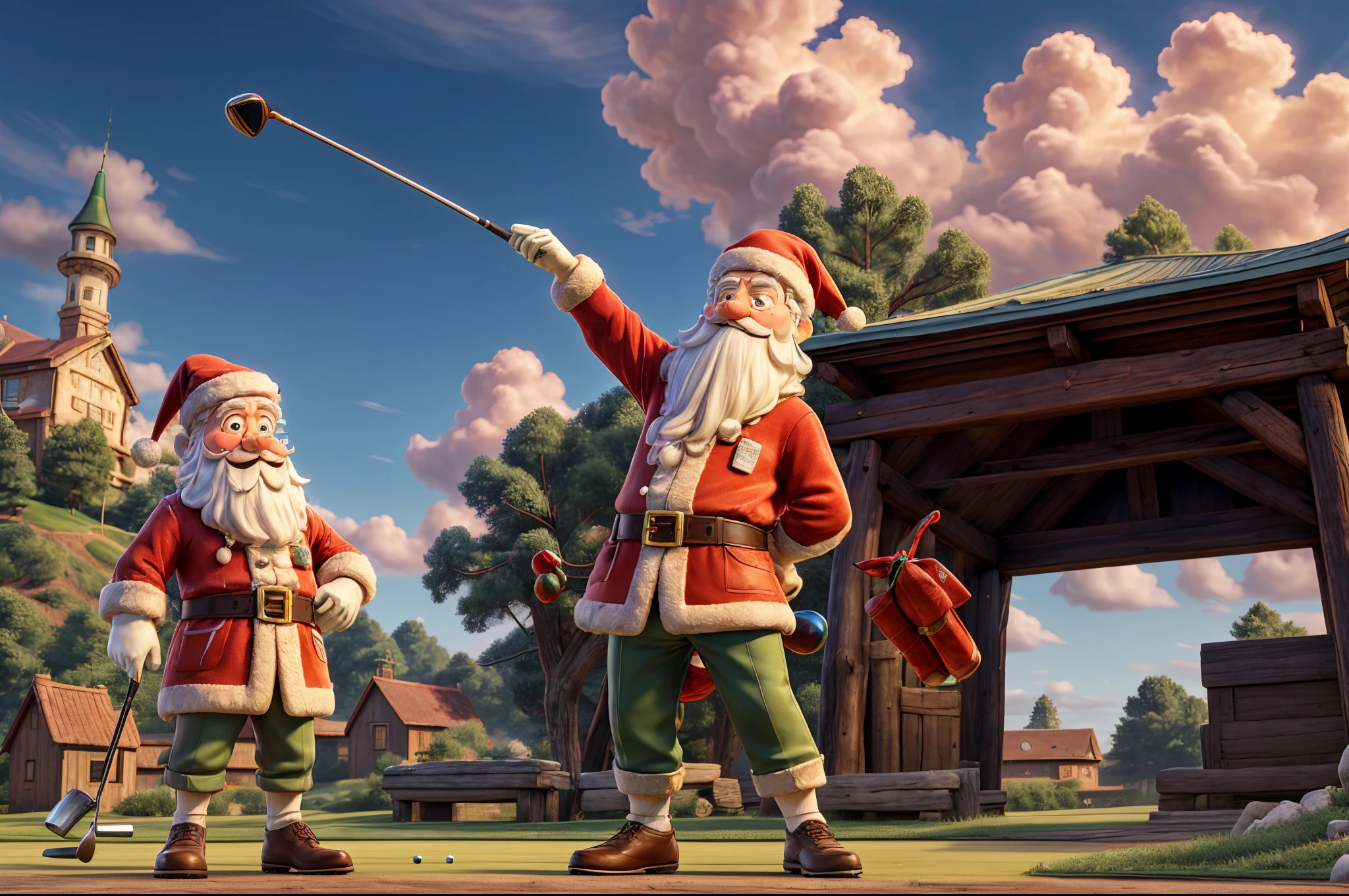 official art, Unity 8k壁纸, Ultra detailed, Beautiful and aesthetic, tmasterpiece, beste-Qualit, atmosphere, modernism, oil painting, Cute Santa Claus on vacation, playing golf on a green field, blue sky with clouds