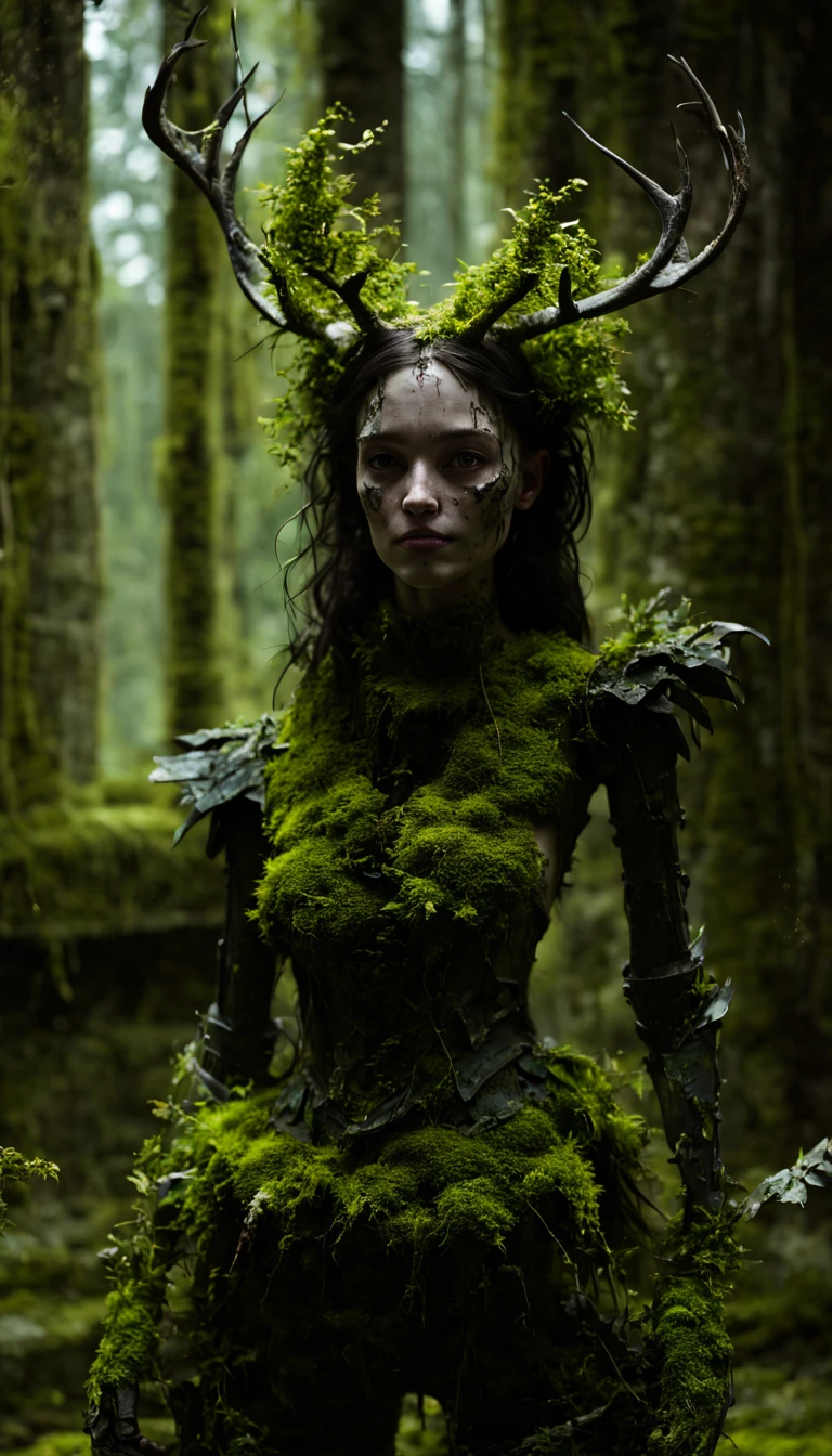 A shattered female humanoid robot,At morning, A light shone on her, dented, Scratched, Peeling paint peeling, In an abandoned indoor room, Moss and fungi, It used to be beautiful,An artistic photo,full bodyesbian,(Remote shooting:1.4),Close-up 50mm F/1.3,black dragon plant girl, Girl made from dead plants,A girl made of green plants,forest,plant,deer antlers