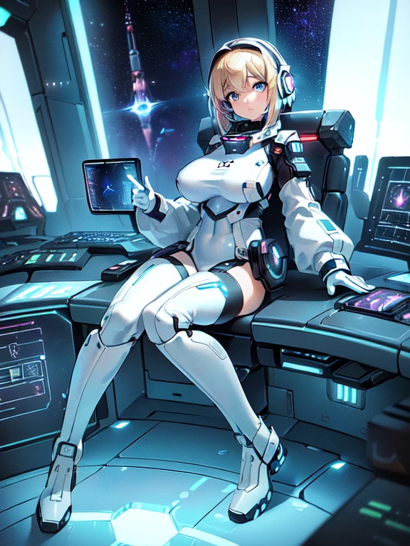 masterpiece:1.4, 1girl in ((20yr old, Wearing a futuristic white and silver costume, Tight Fit Bodysuit, long boots, Very gigantic-breasts, Multicolored blonde hair, a short bob, Perfect model body, Blue eyes:1.4, Wearing headphones, (holding panties
presenting panties):1.6, Plain white panties, Looking out the window of the futuristic sci-fi space station、While admiring the beautiful galaxy:1.2, SFSF control room on night background:1.1, Neon and energetic atmosphere:1.2)) ((Galaxy)) ((Solo:1.6))